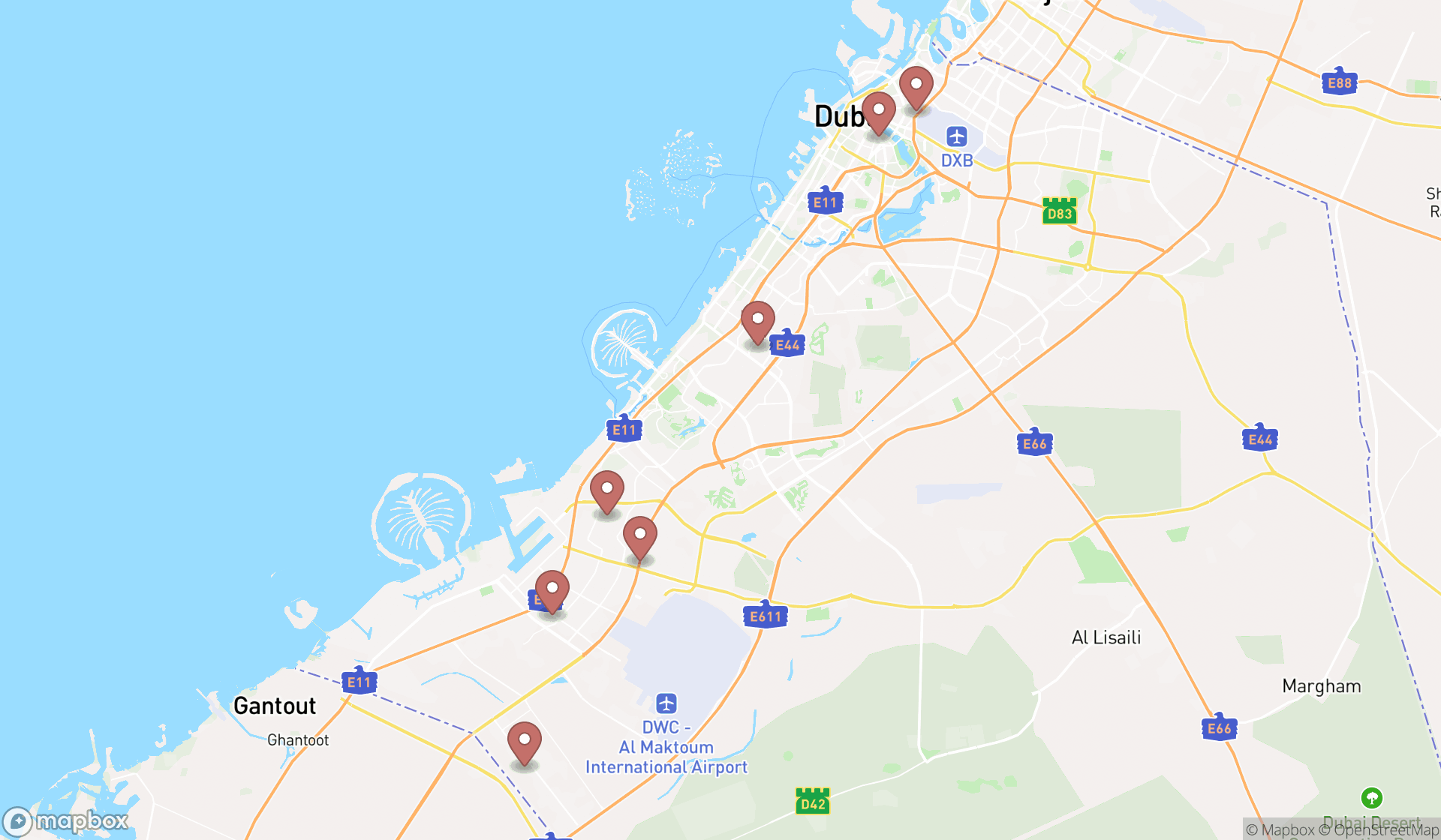 Map showing the search results in Dubai