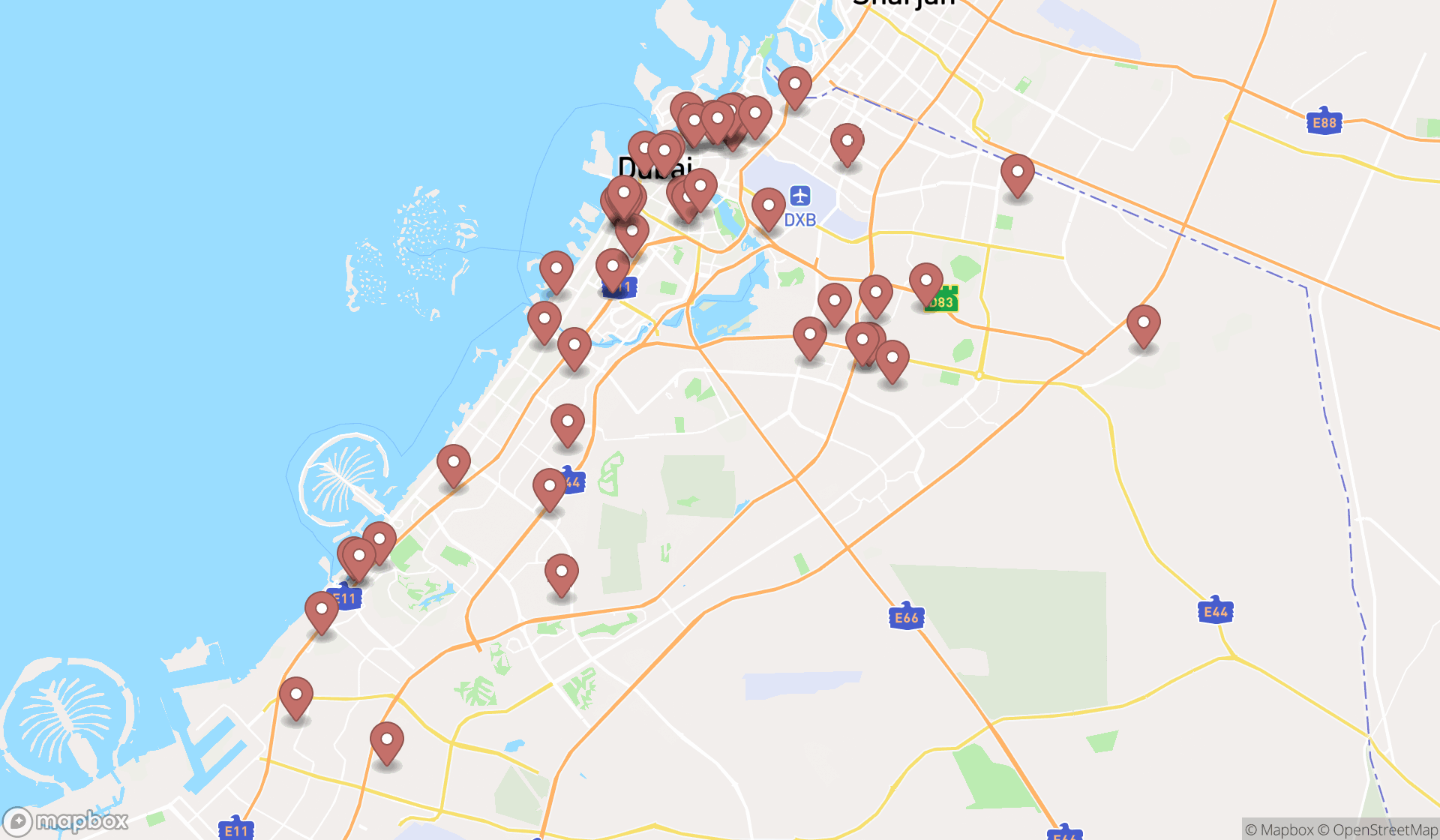 Map showing the search results in Dubai