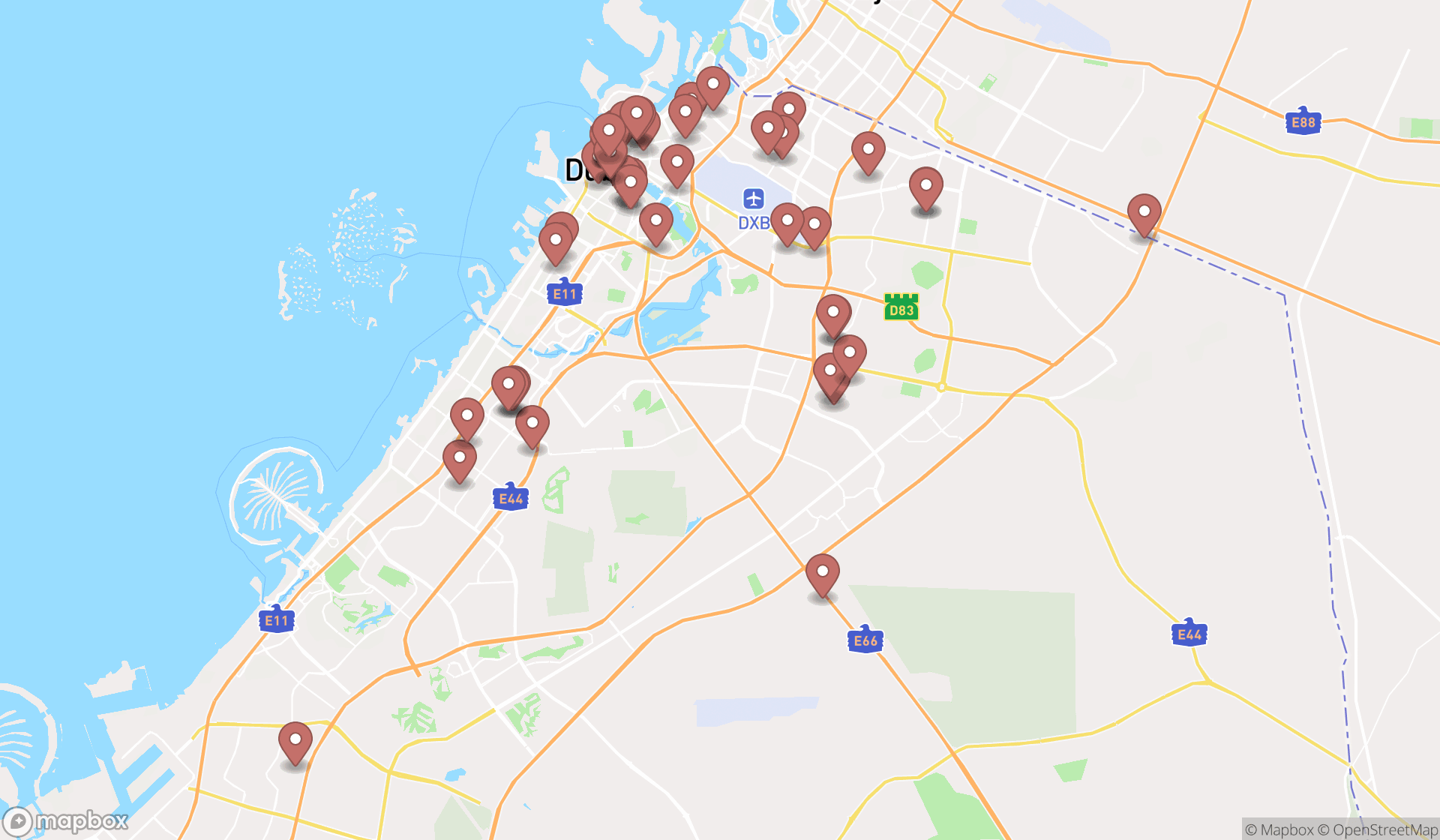 Map showing the search results in Dubai