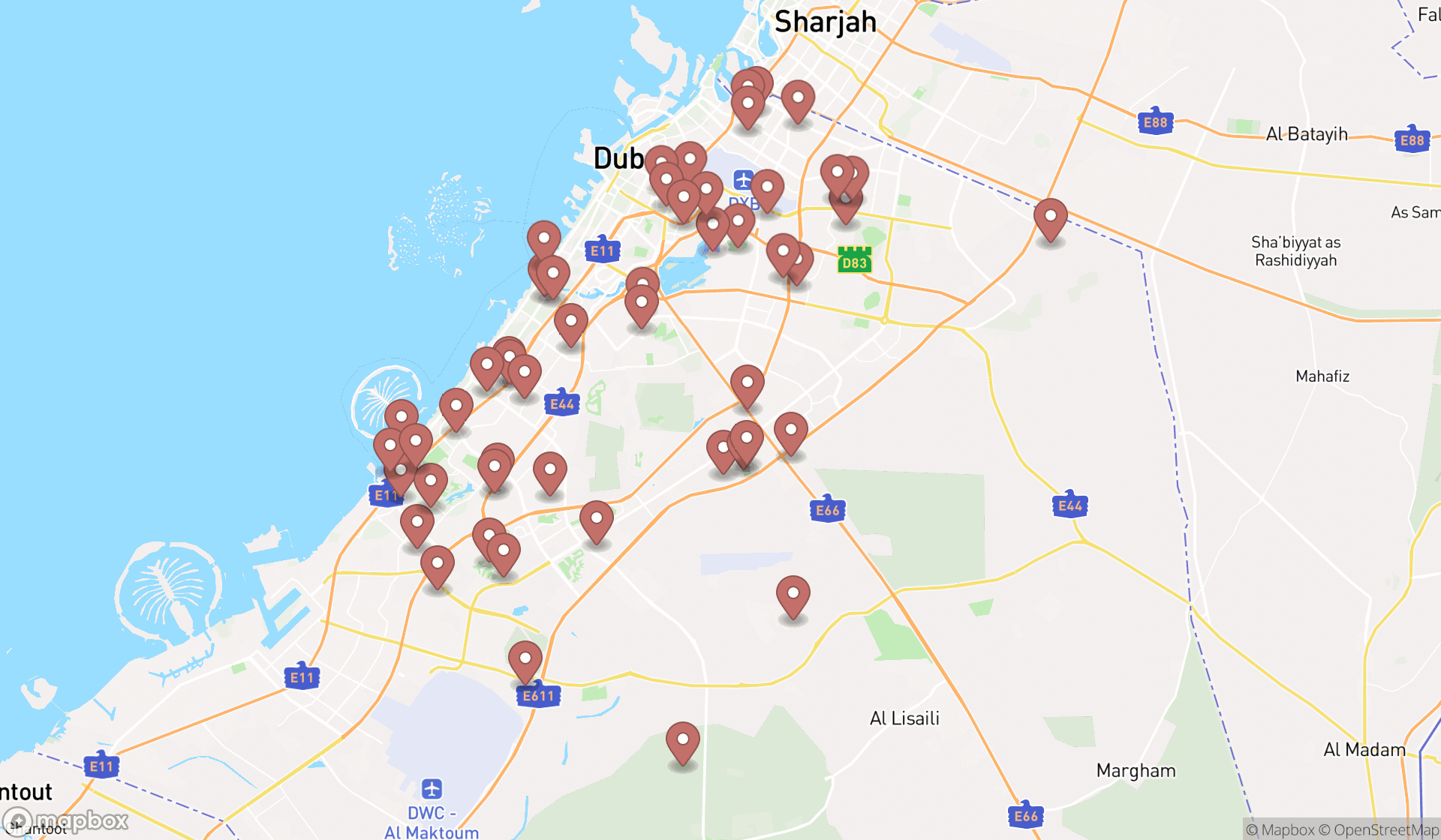 Map showing the search results in Dubai