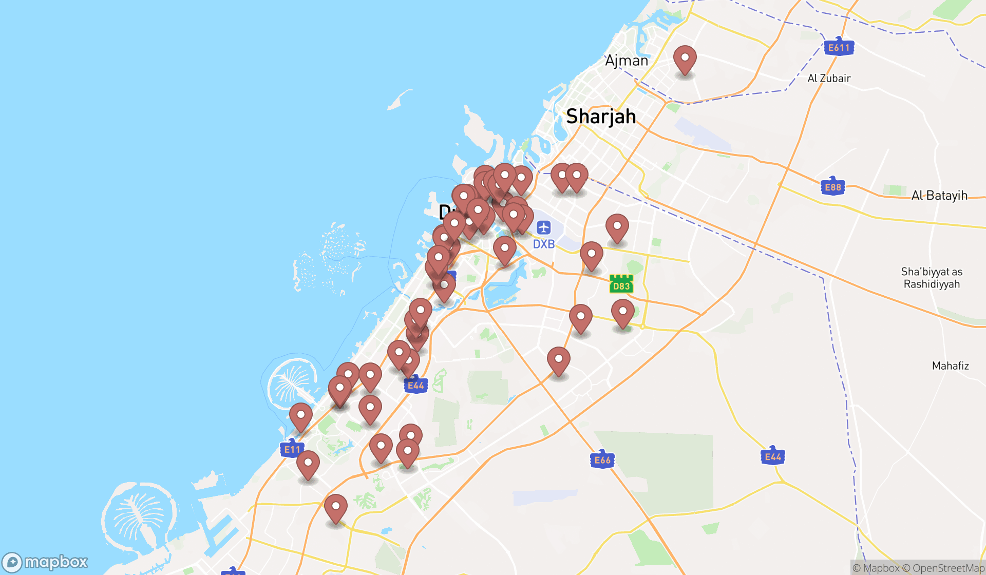 Map showing the search results in Dubai