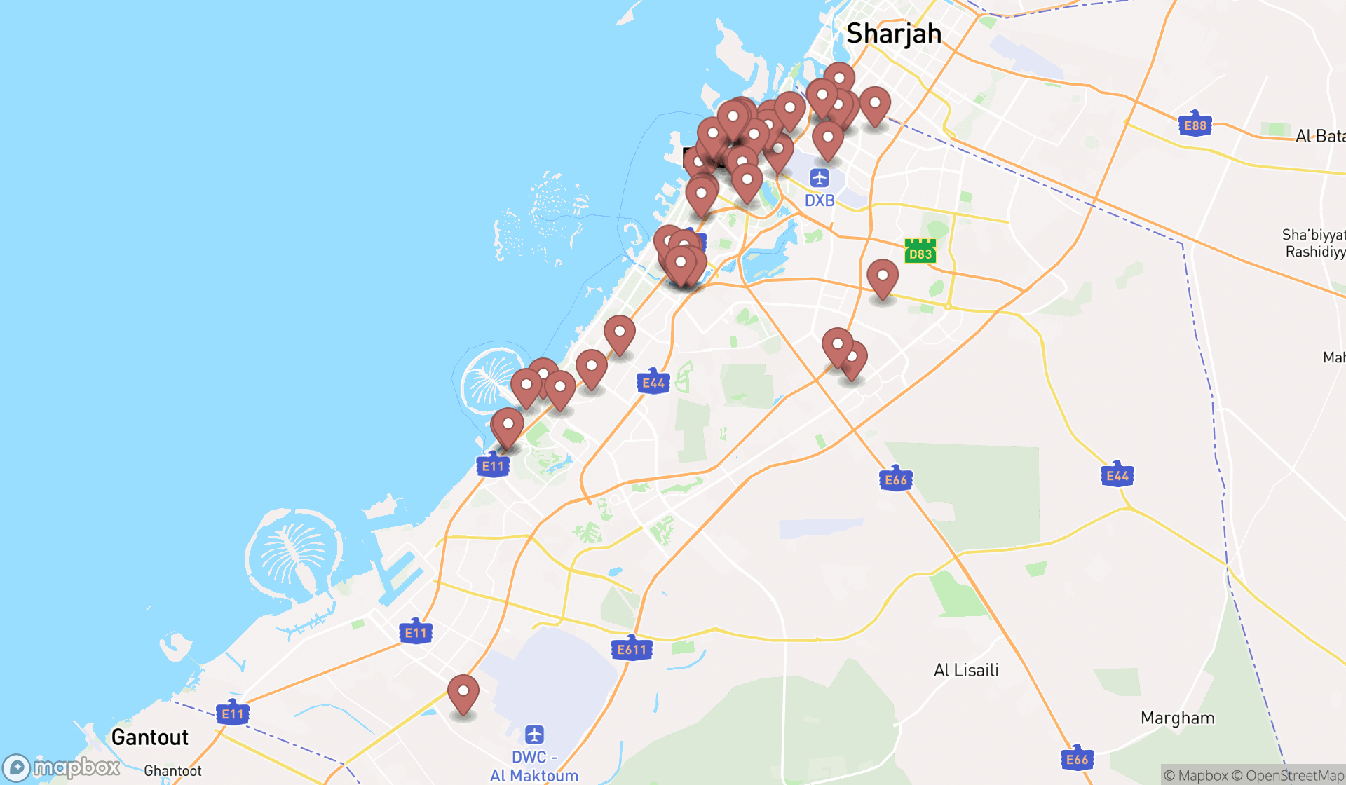 Map showing the search results in Dubai