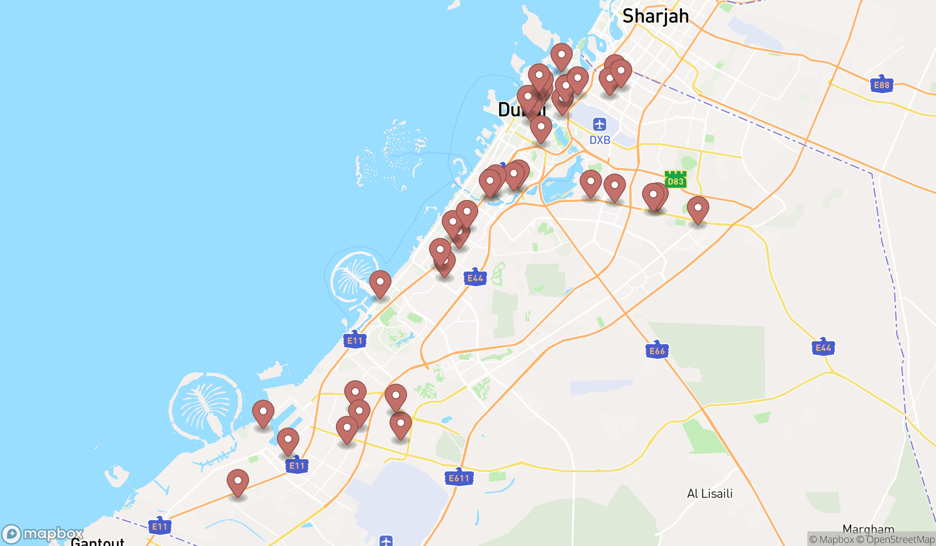 Map showing the search results in Dubai