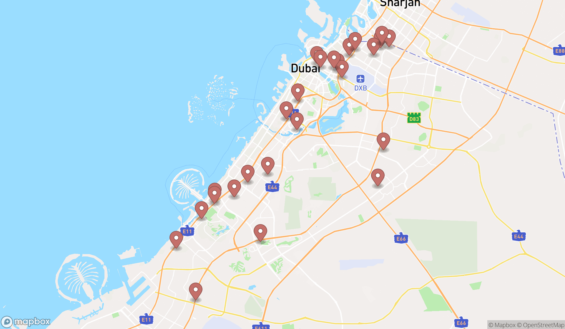 Map showing the search results in Dubai