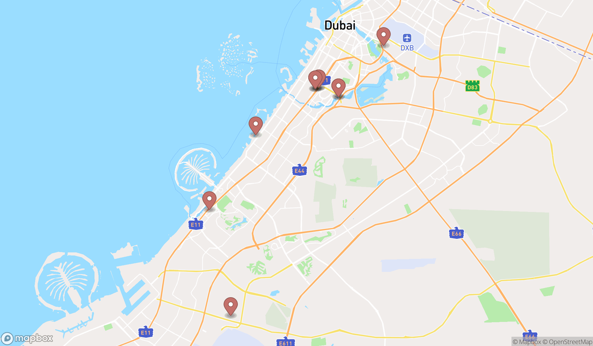 Map showing the search results in Dubai