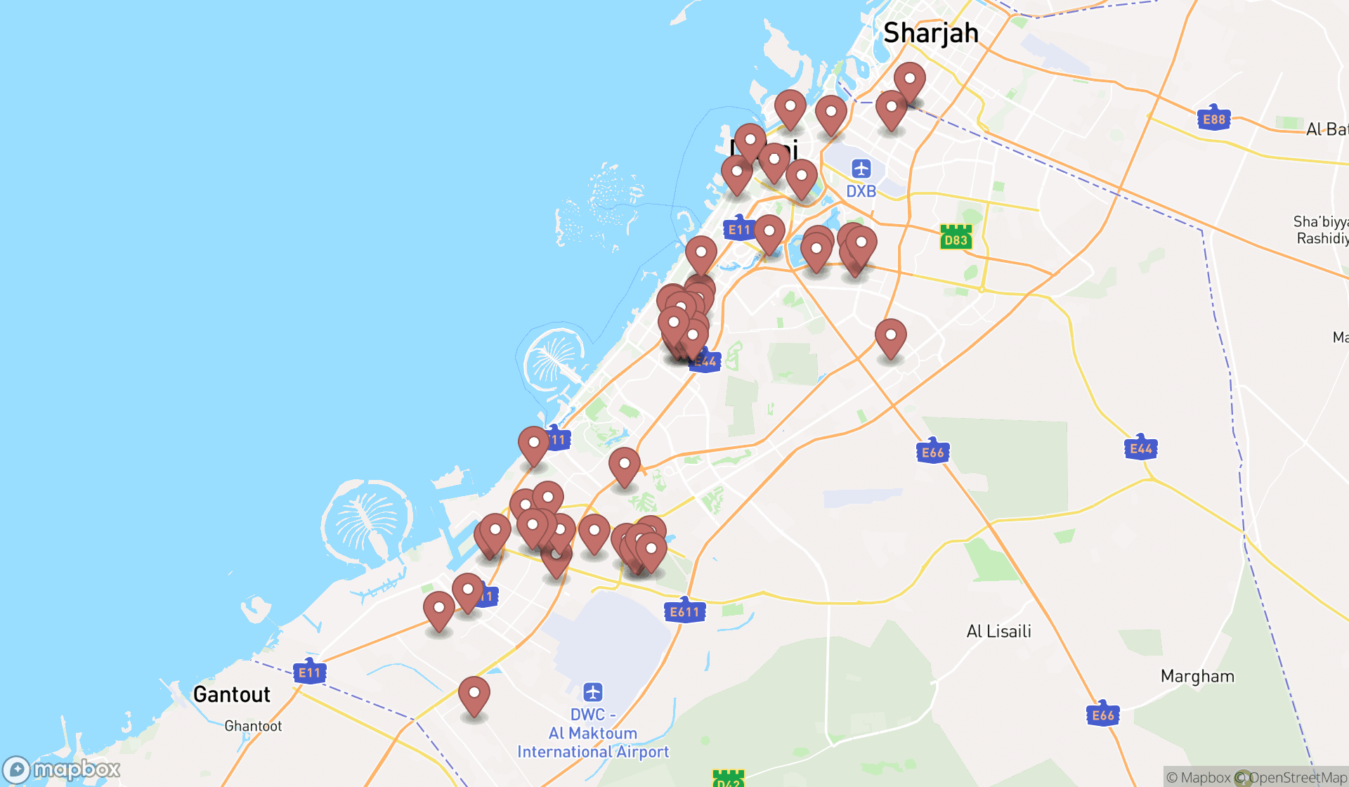 Map showing the search results in Dubai
