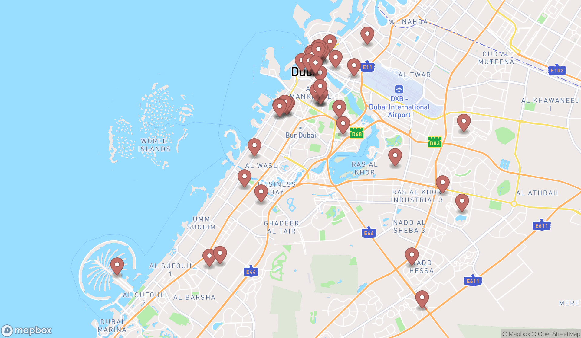 Map showing the search results in Dubai