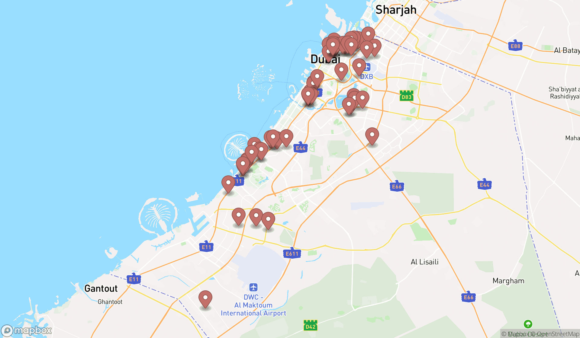 Map showing the search results in Dubai