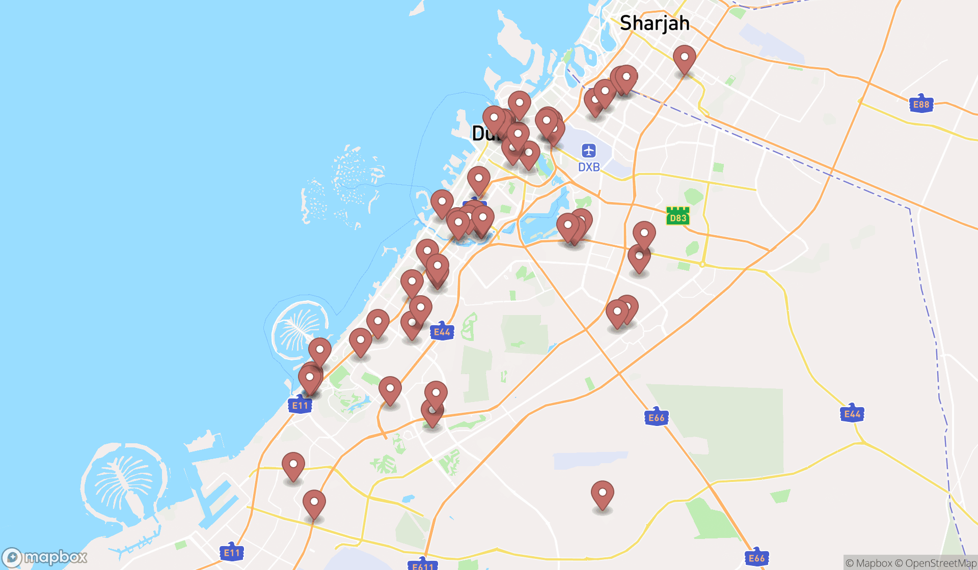 Map showing the search results in Dubai
