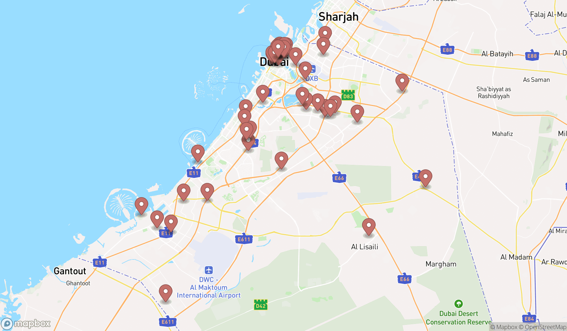 Map showing the search results in Dubai