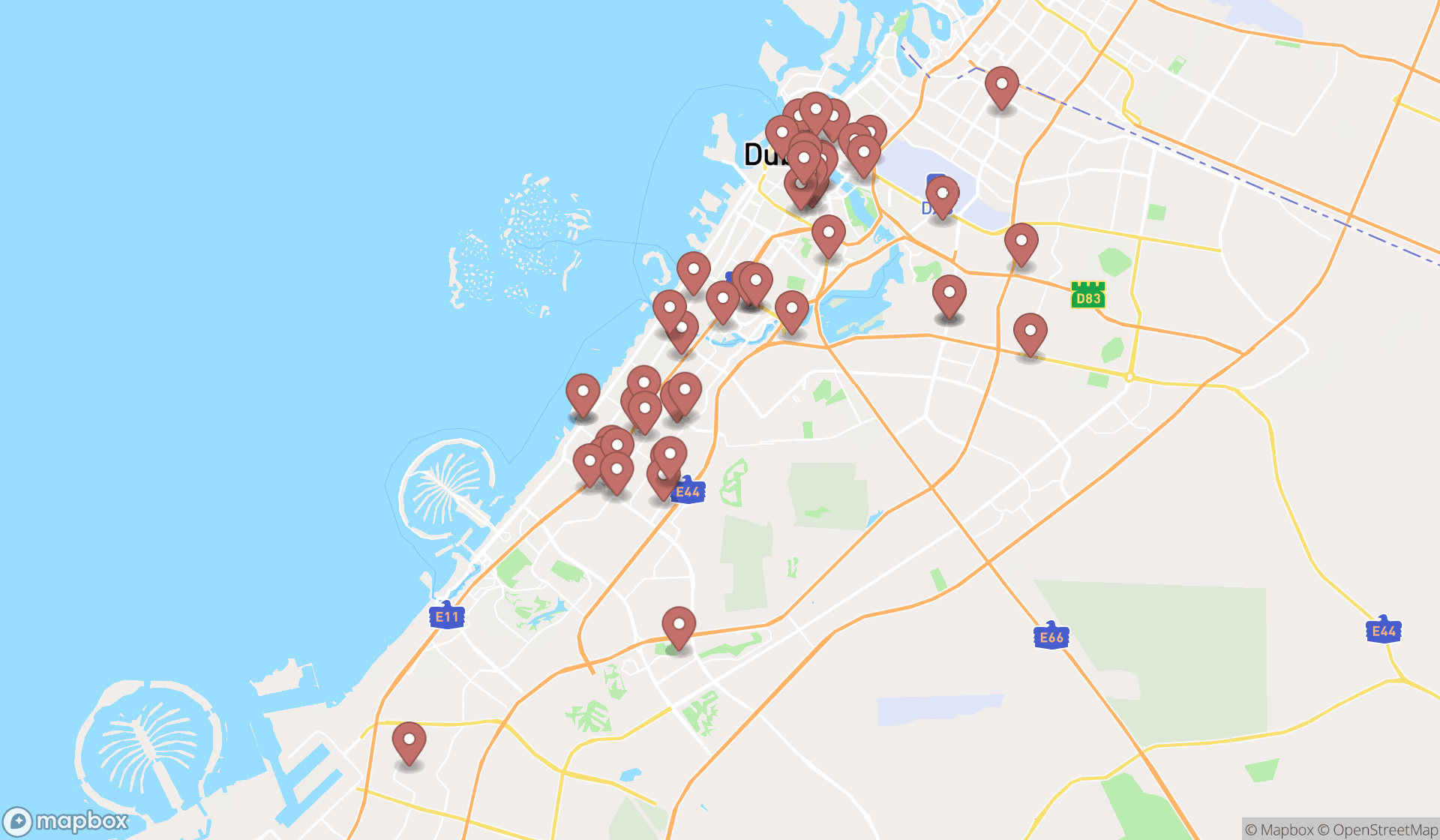 Map showing the search results in Dubai