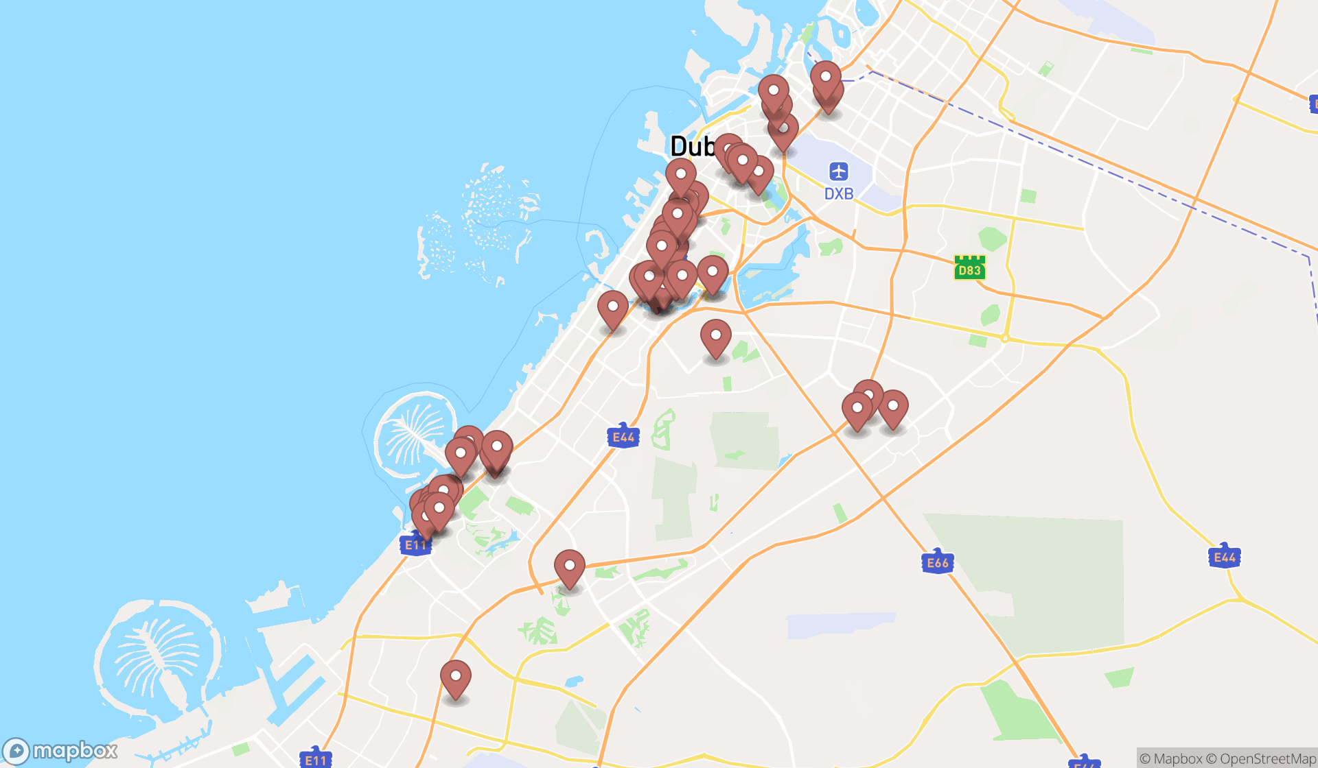 Map showing the search results in Dubai