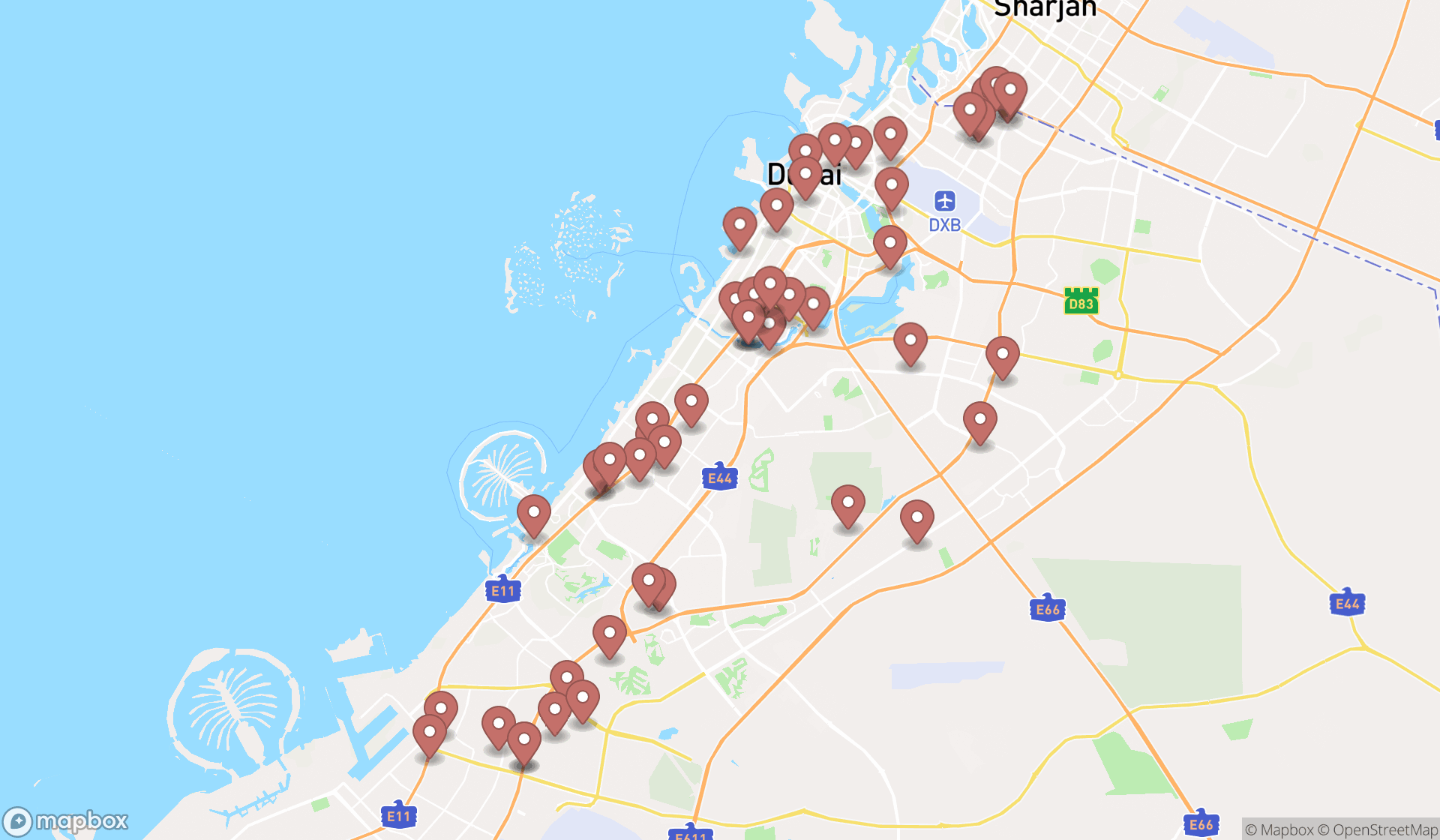 Map showing the search results in Dubai