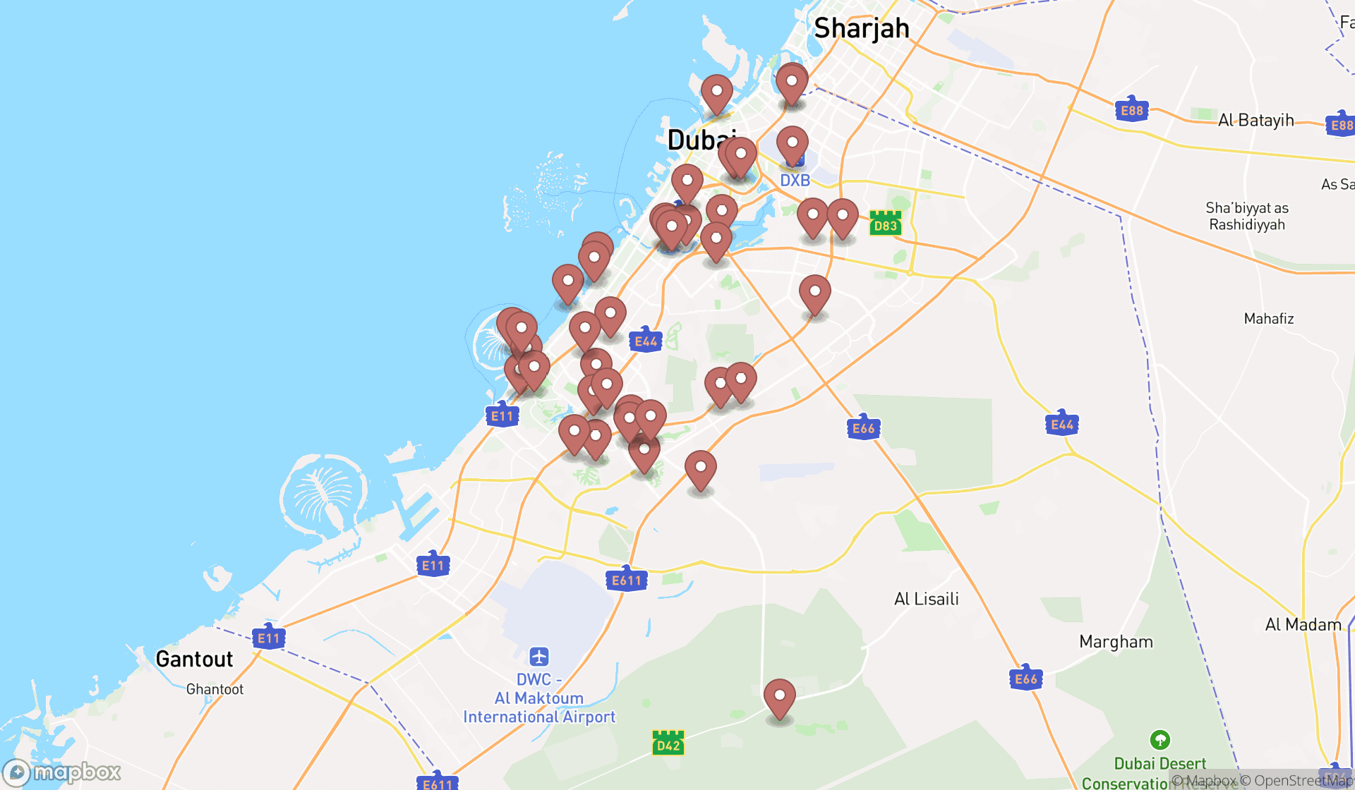 Map showing the search results in Dubai