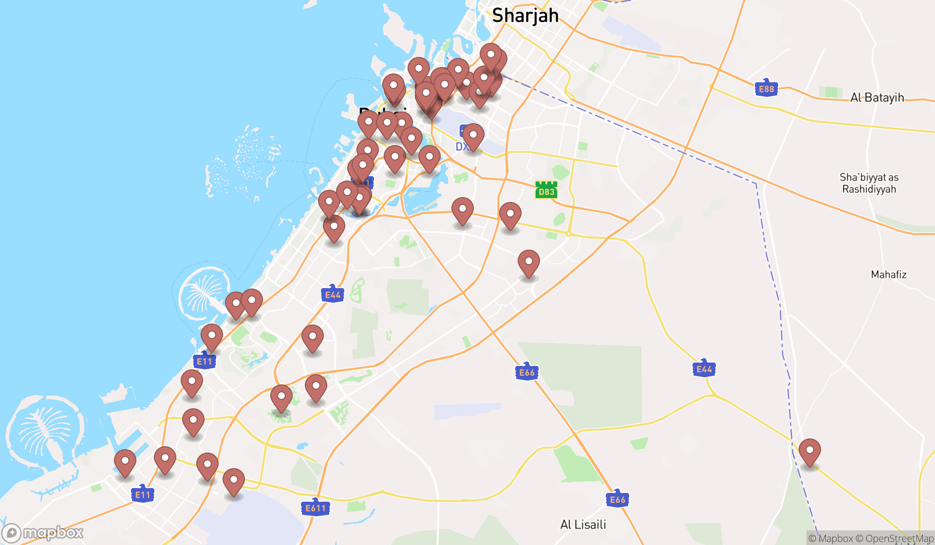 Map showing the search results in Dubai