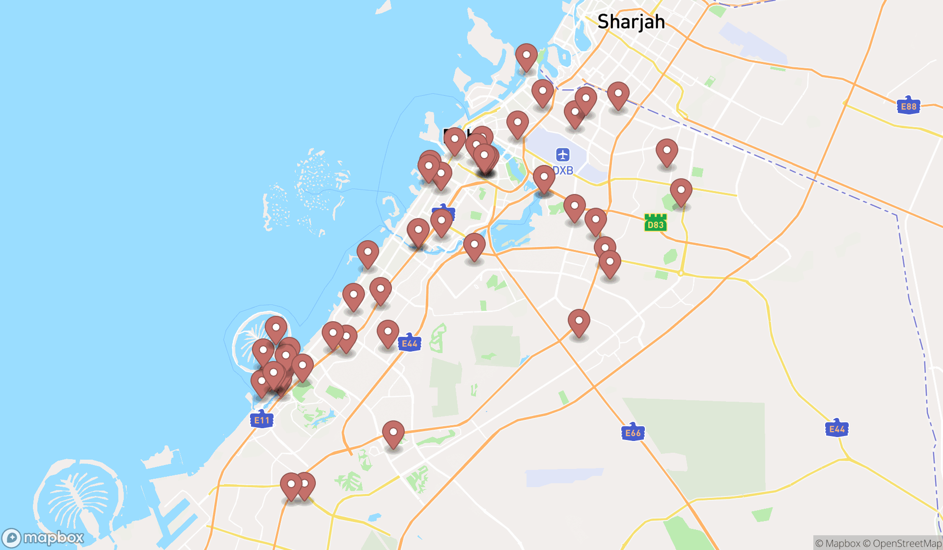 Map showing the search results in Dubai