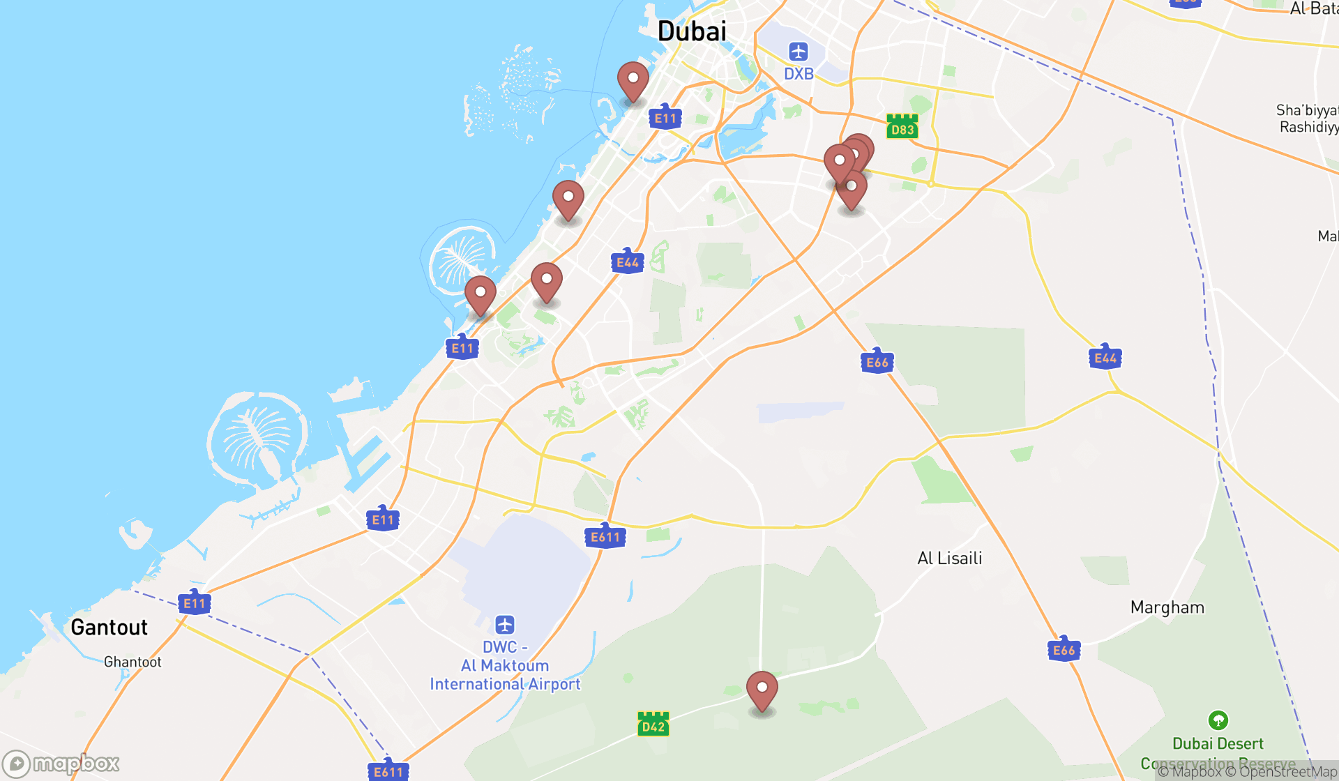 Map showing the search results in Dubai