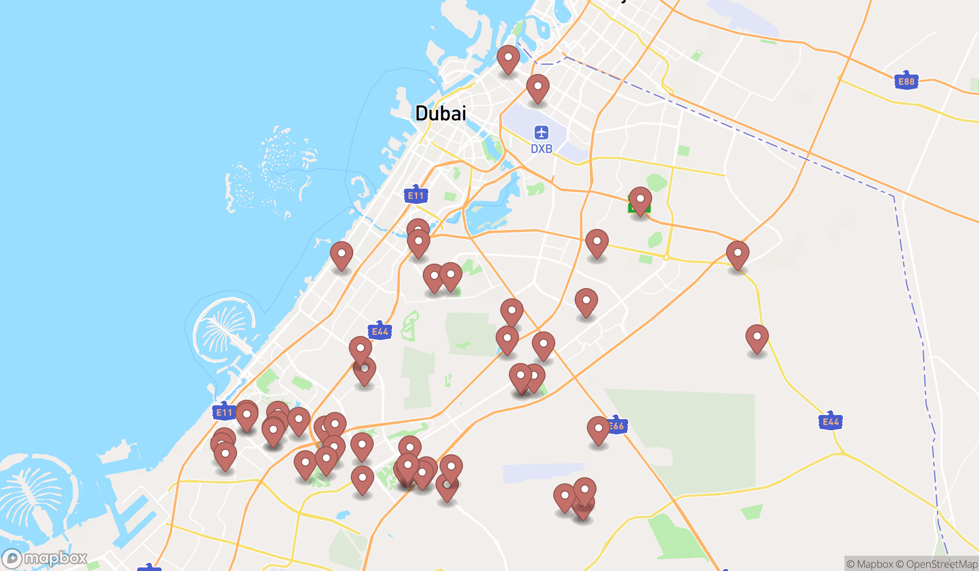 Map showing the search results in Dubai
