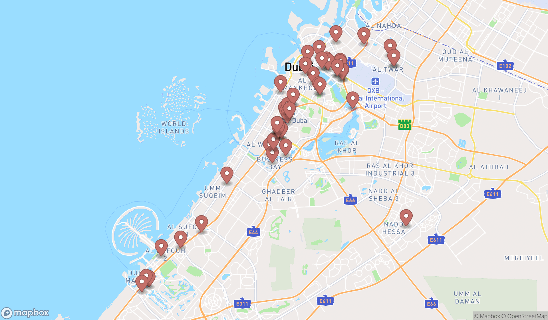 Map showing the search results in Dubai