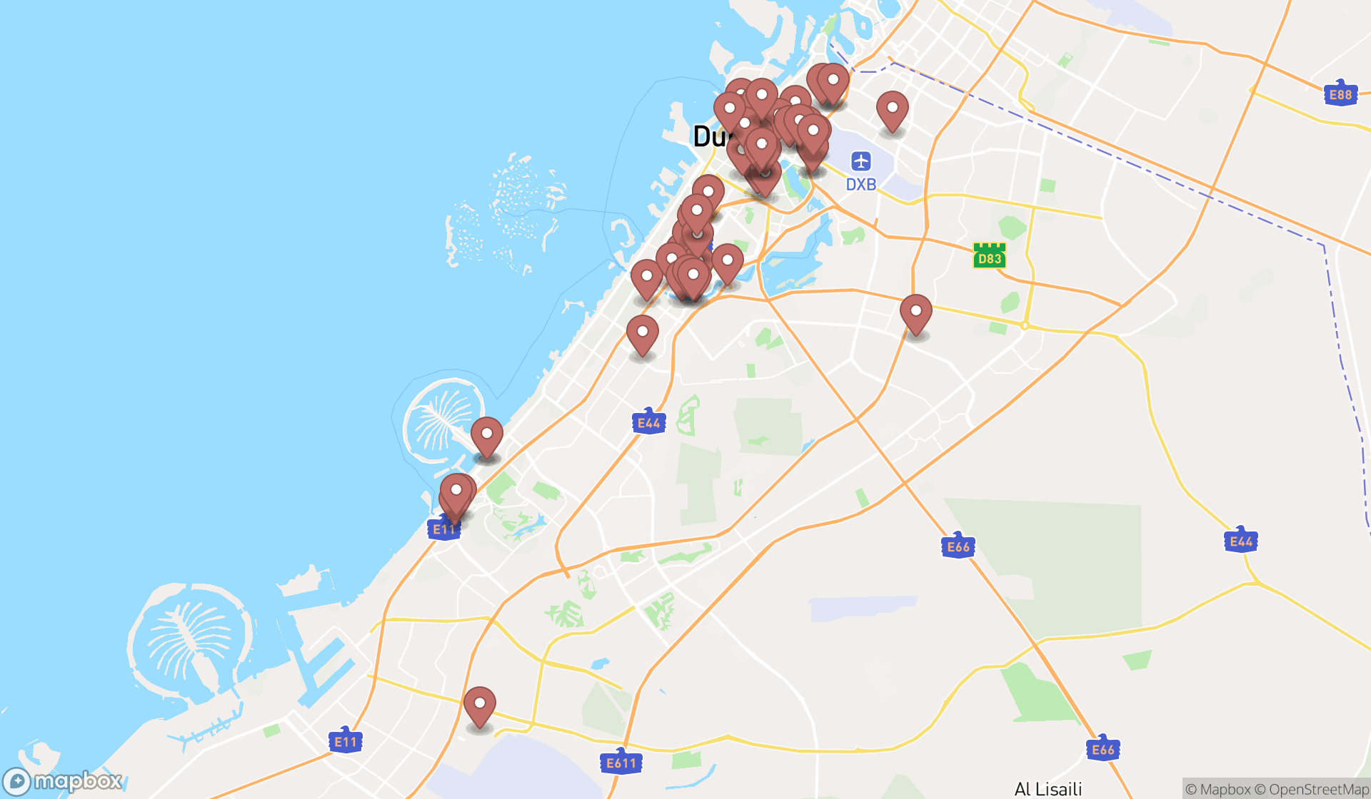 Map showing the search results in Dubai