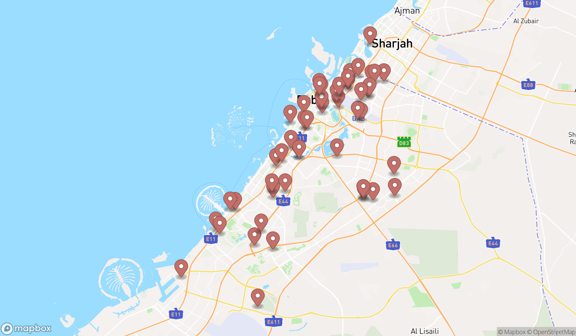 Map showing the search results in Dubai