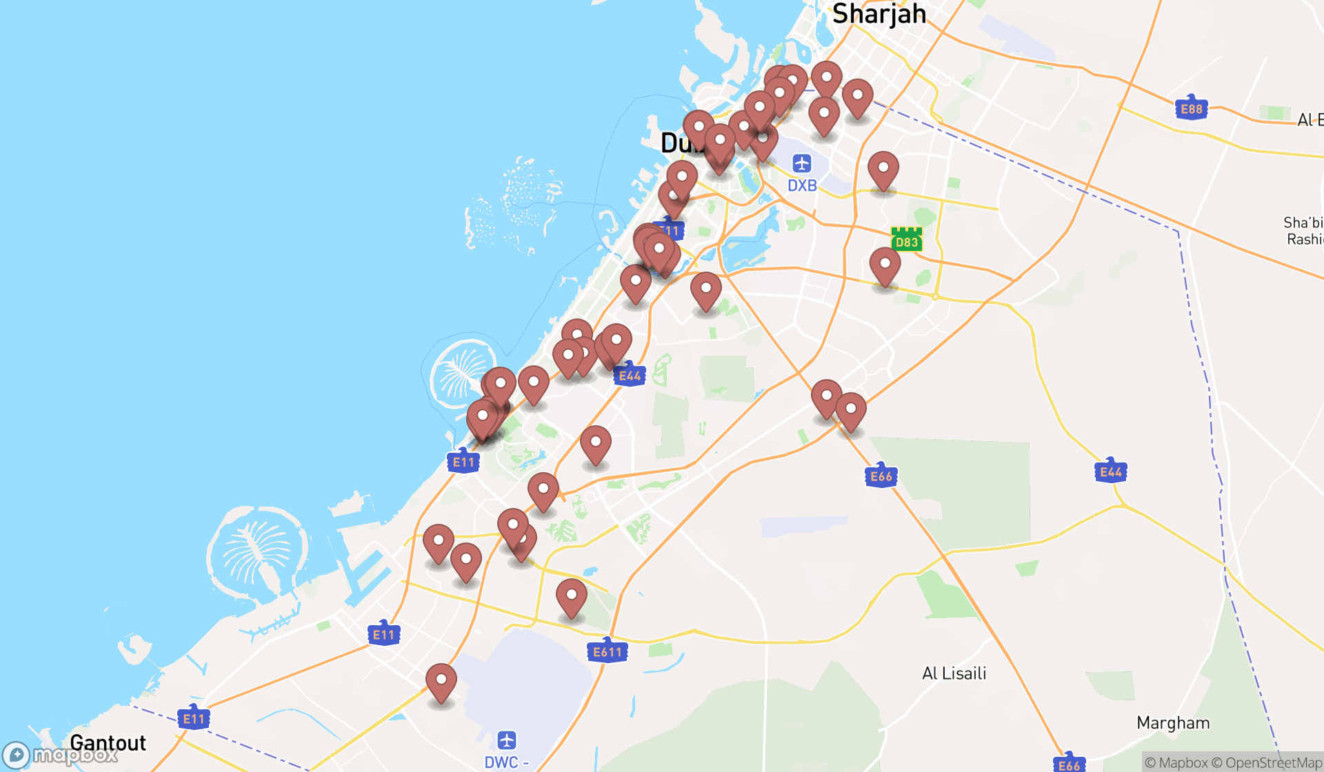 Map showing the search results in Dubai