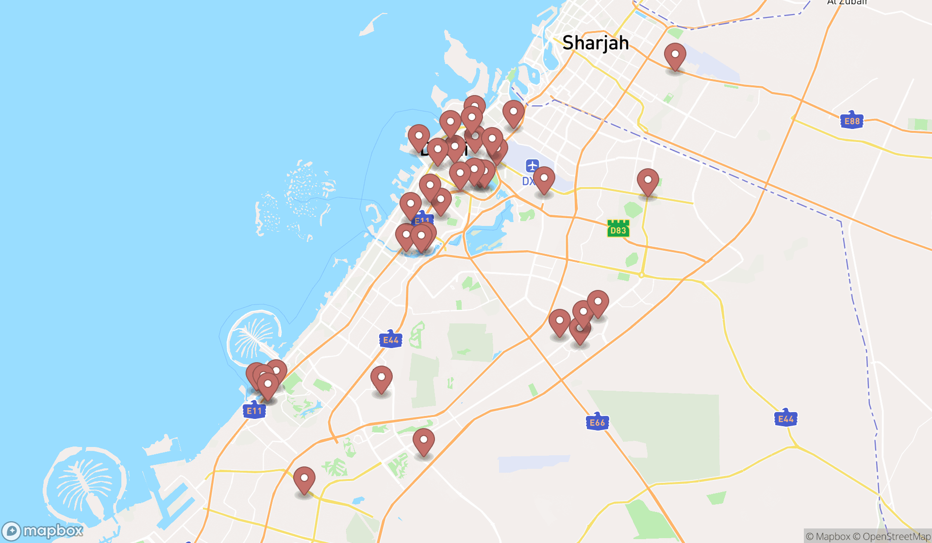 Map showing the search results in Dubai