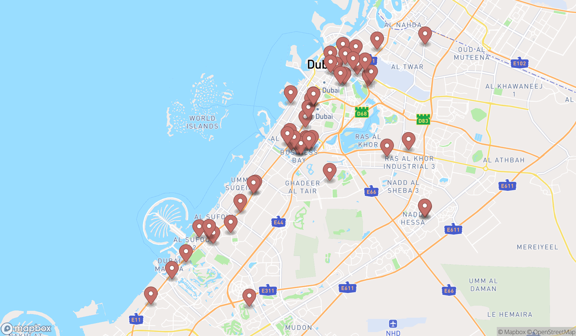 Map showing the search results in Dubai