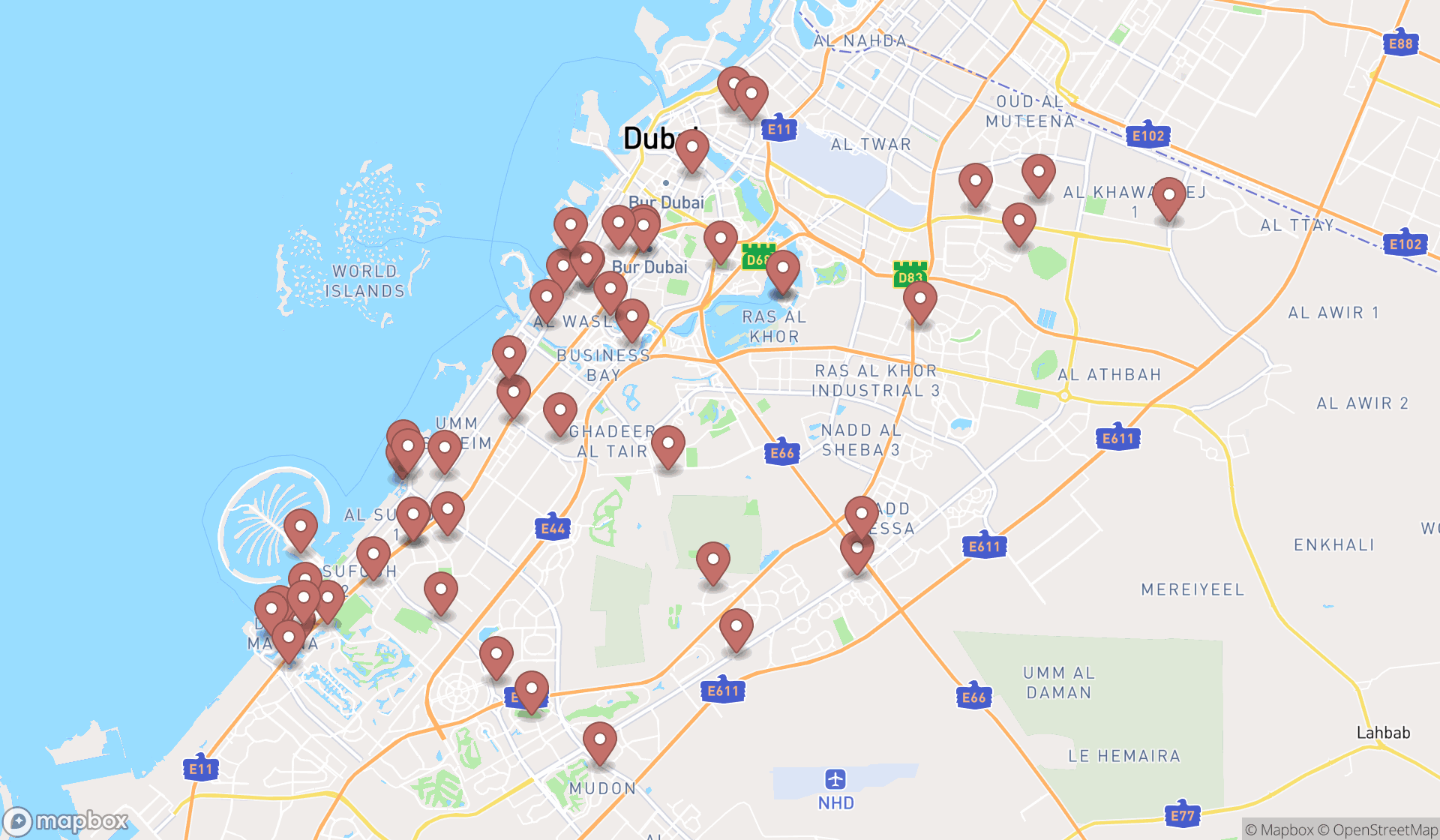 Map showing the search results in Dubai
