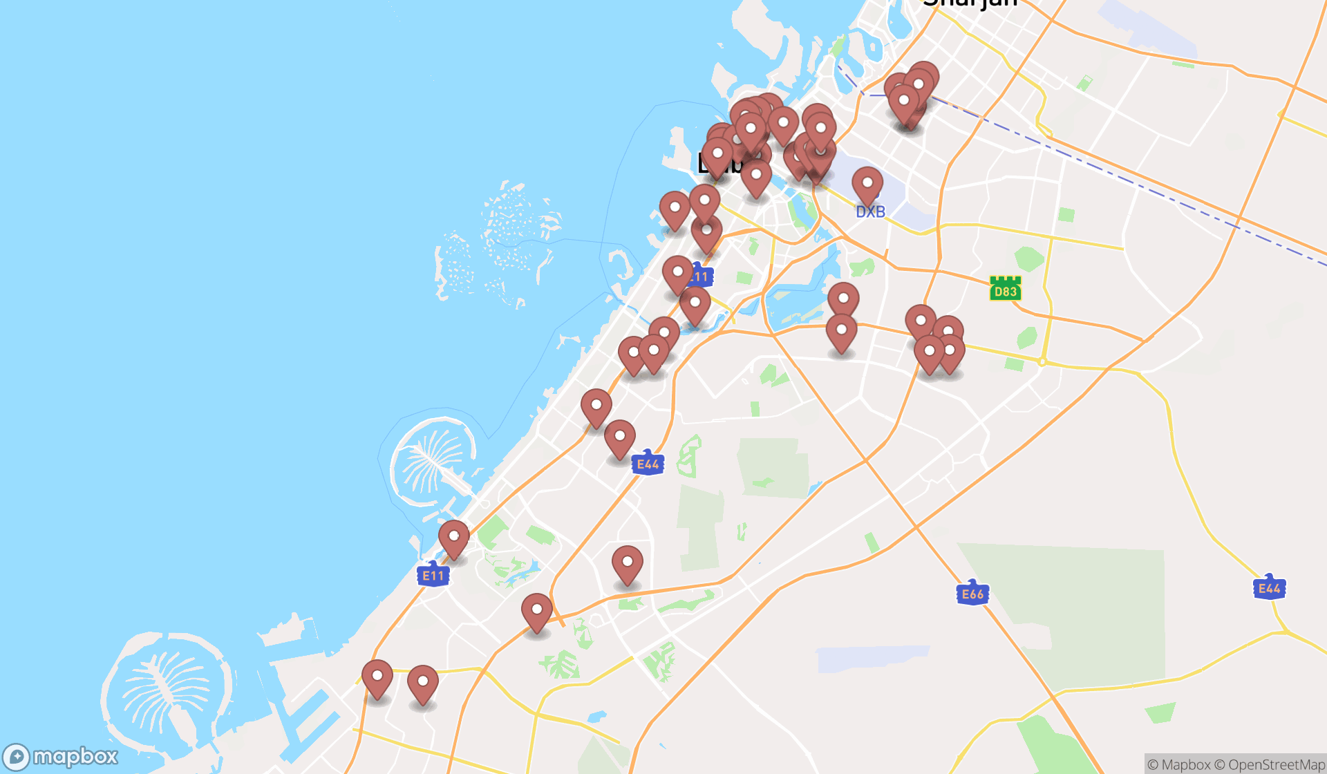 Map showing the search results in Dubai