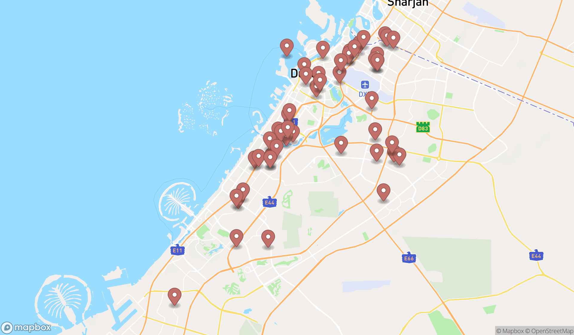 Map showing the search results in Dubai