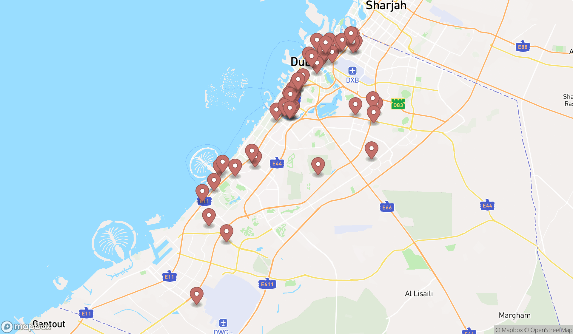 Map showing the search results in Dubai