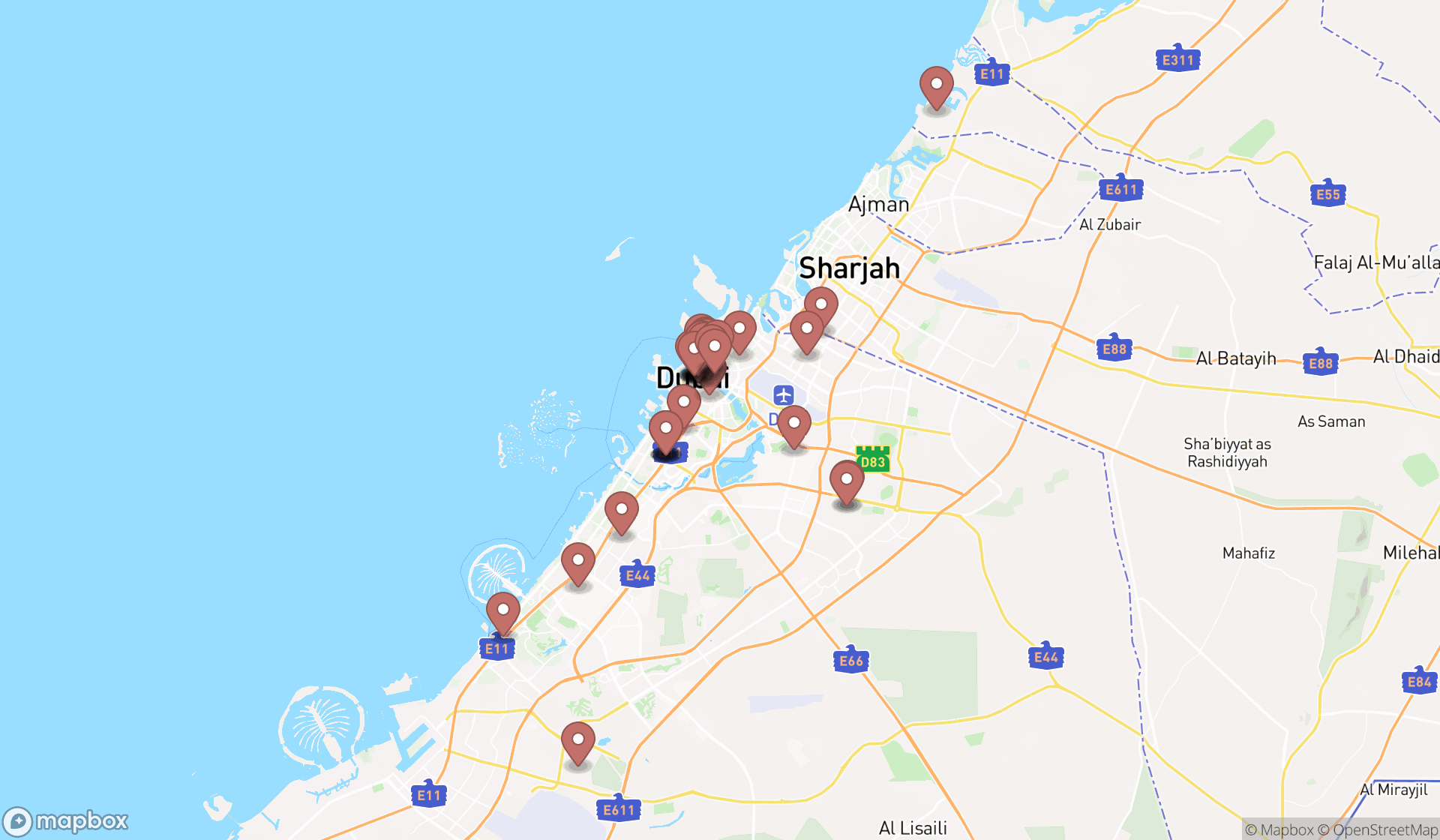 Map showing the search results in Dubai