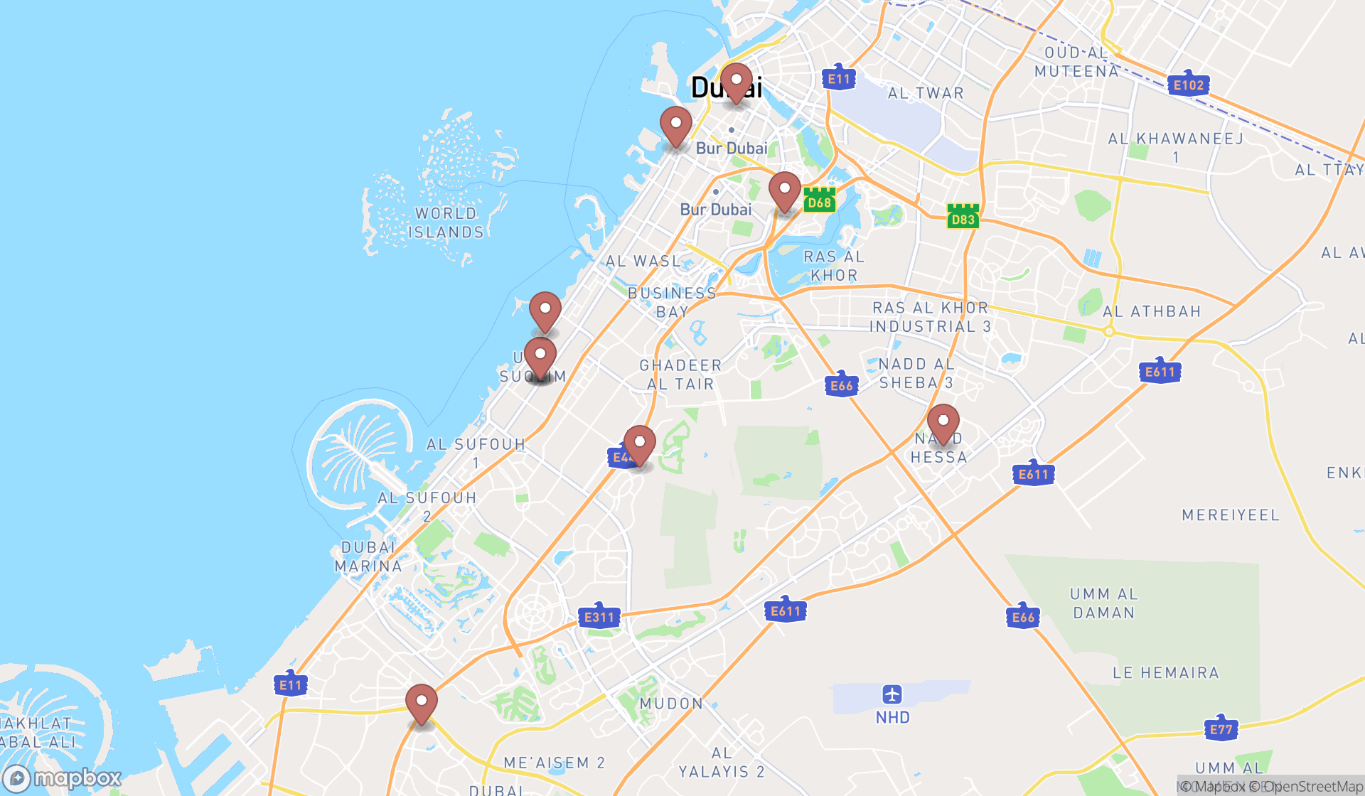 Map showing the search results in Dubai