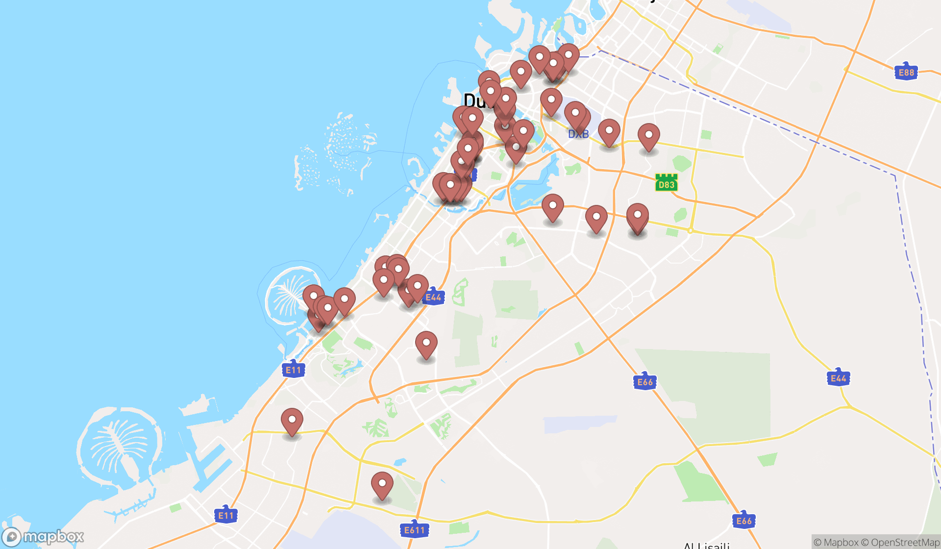 Map showing the search results in Dubai