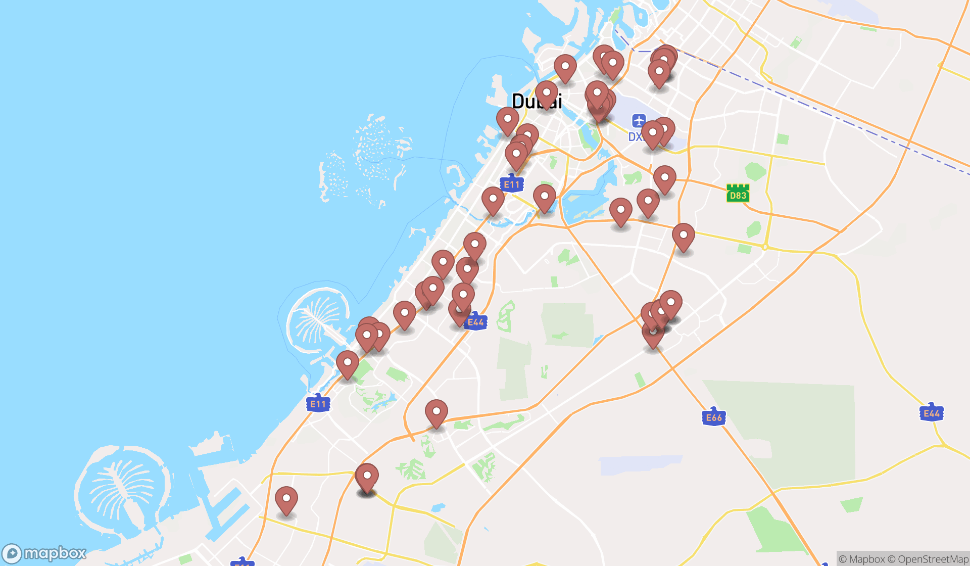 Map showing the search results in Dubai