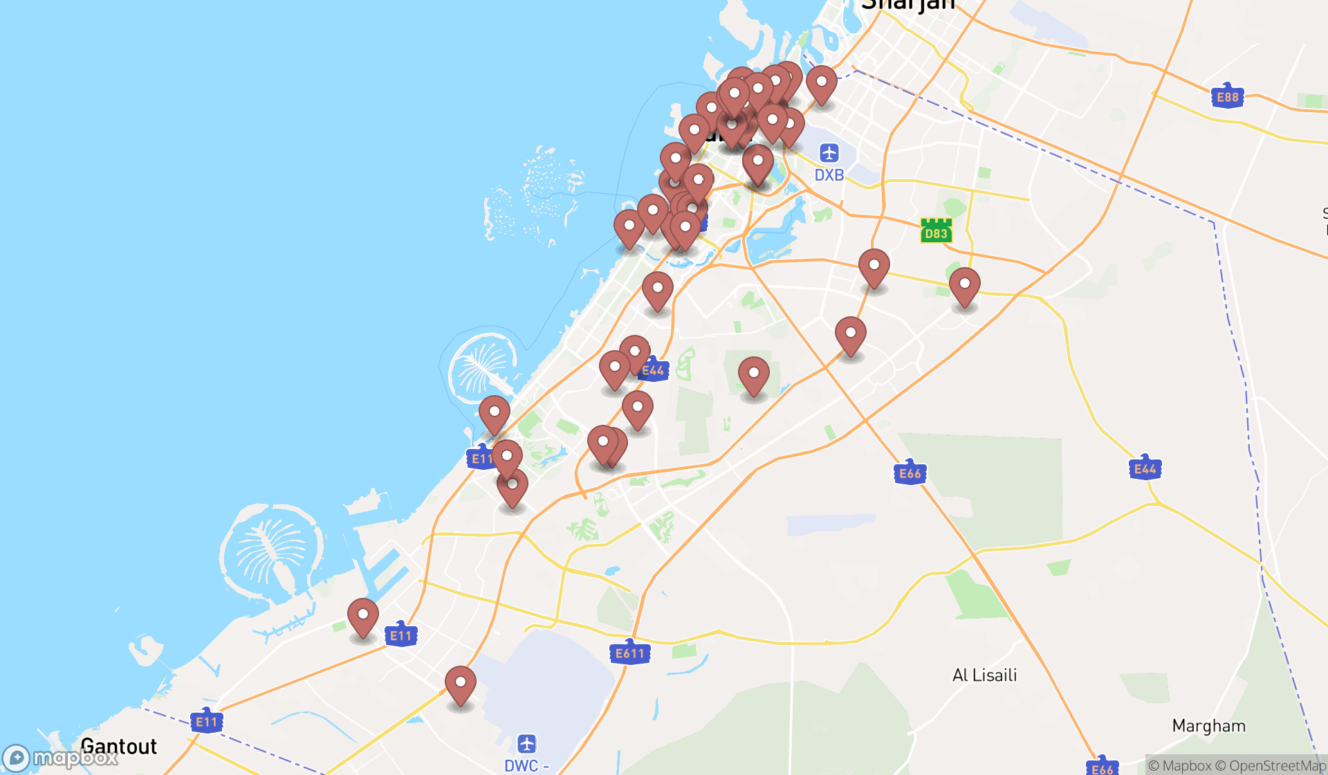 Map showing the search results in Dubai