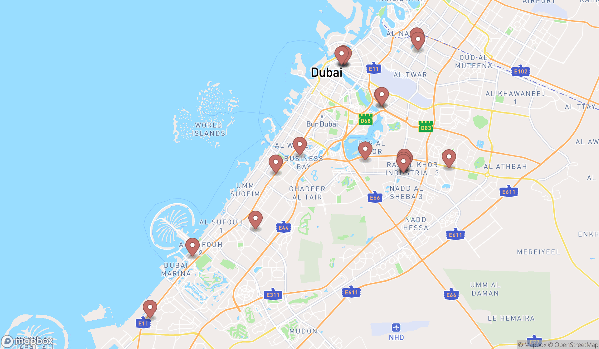 Map showing the search results in Dubai