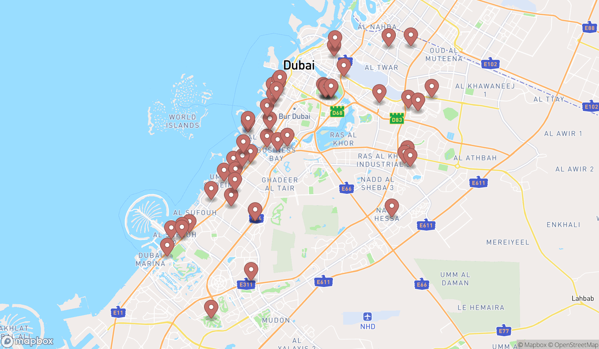 Map showing the search results in Dubai