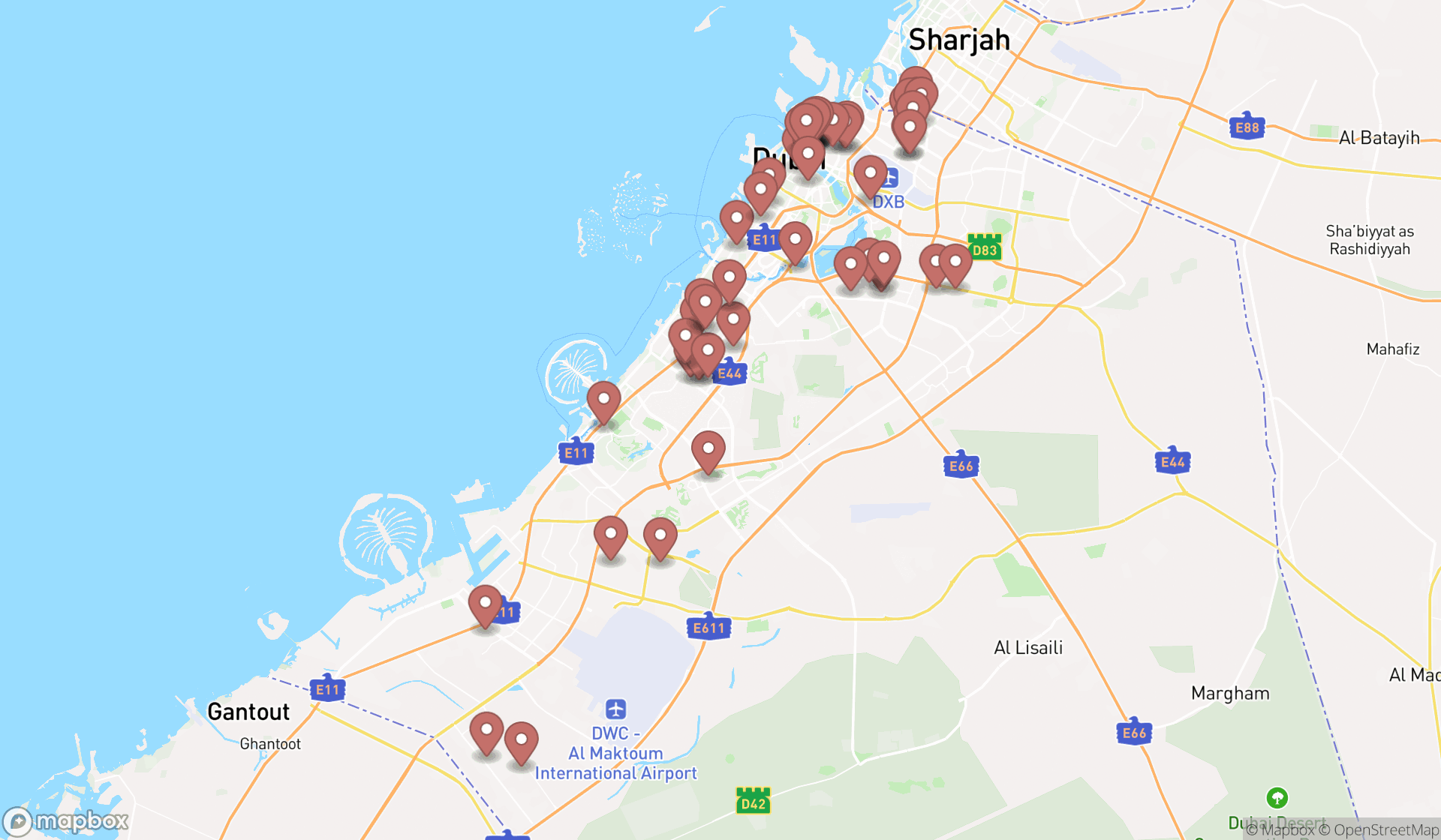 Map showing the search results in Dubai