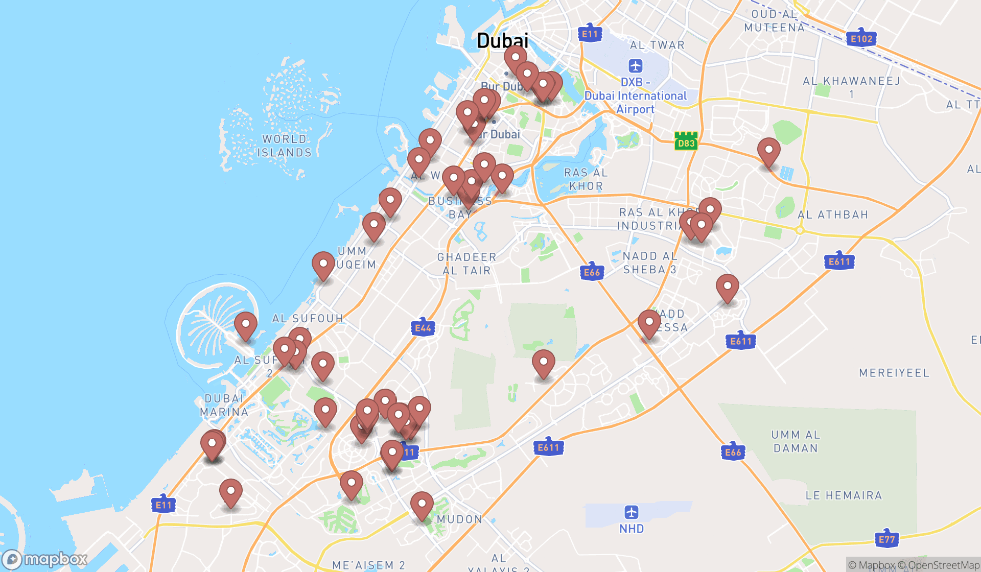 Map showing the search results in Dubai
