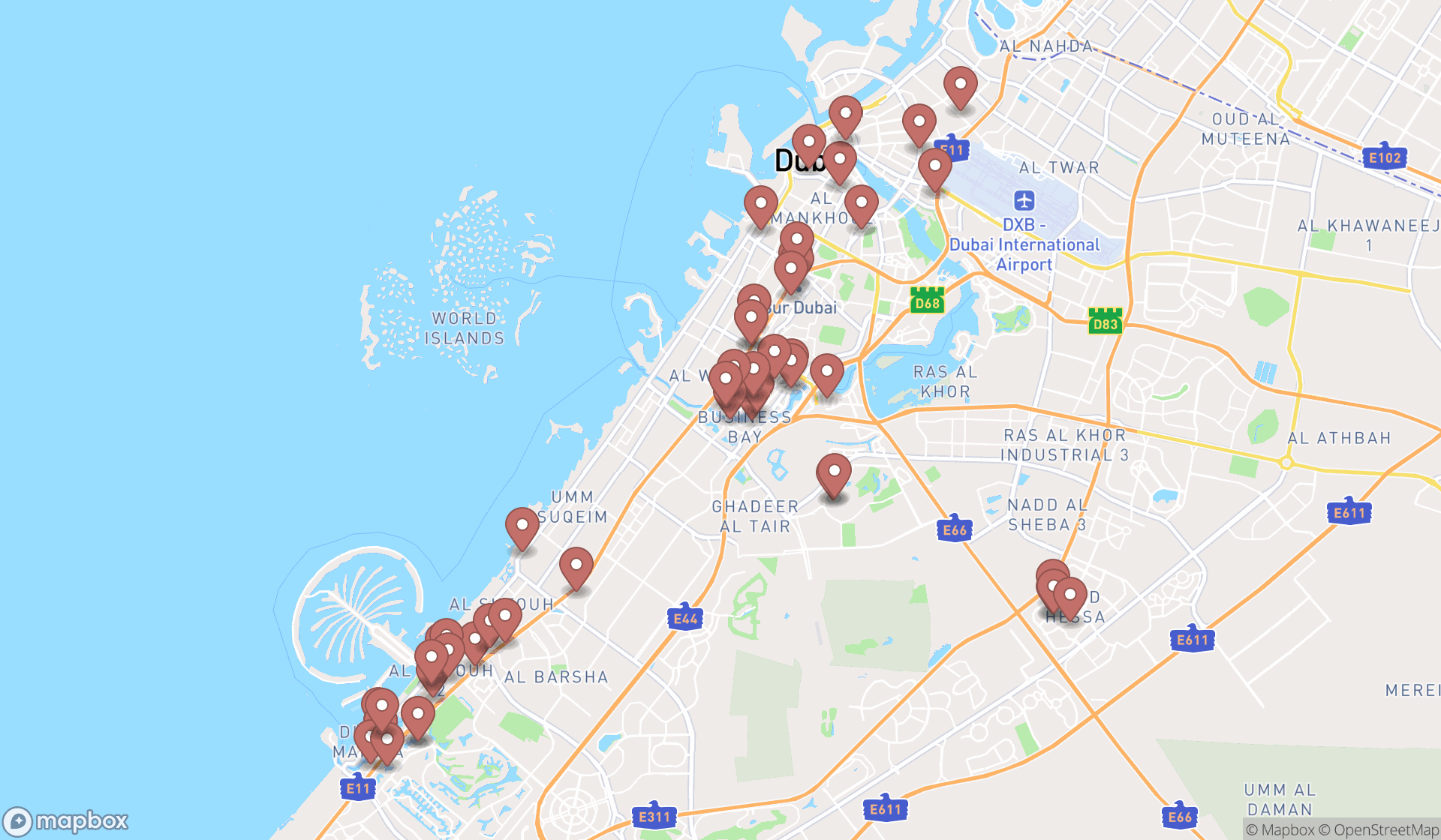 Map showing the search results in Dubai