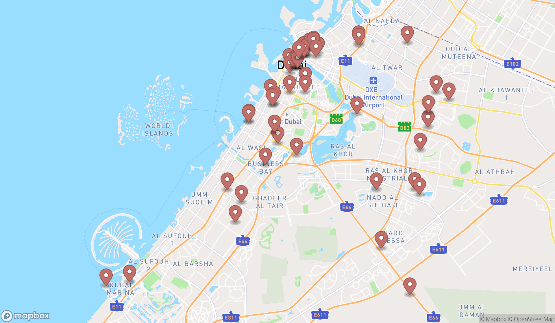 Map showing the search results in Dubai