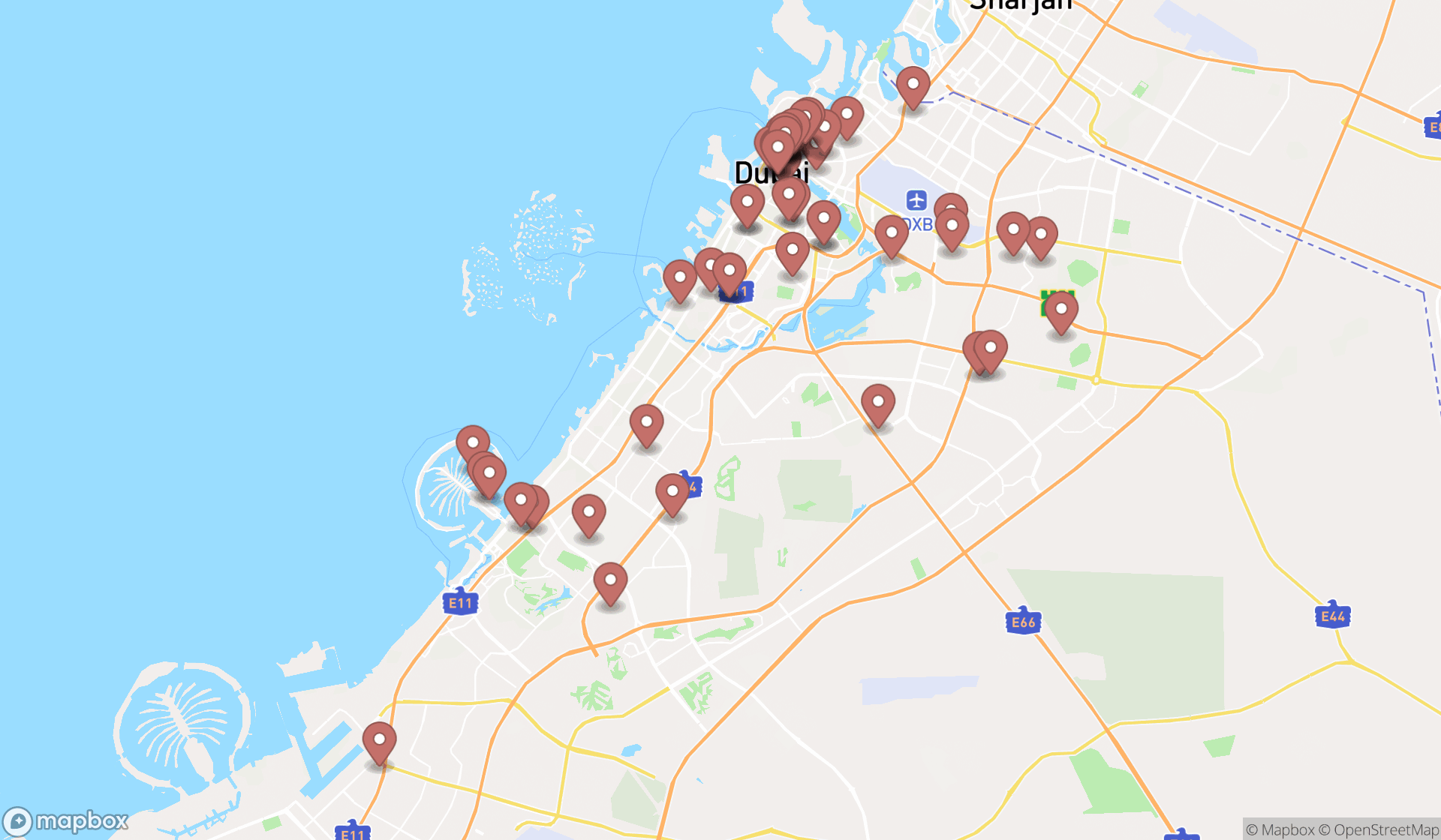Map showing the search results in Dubai