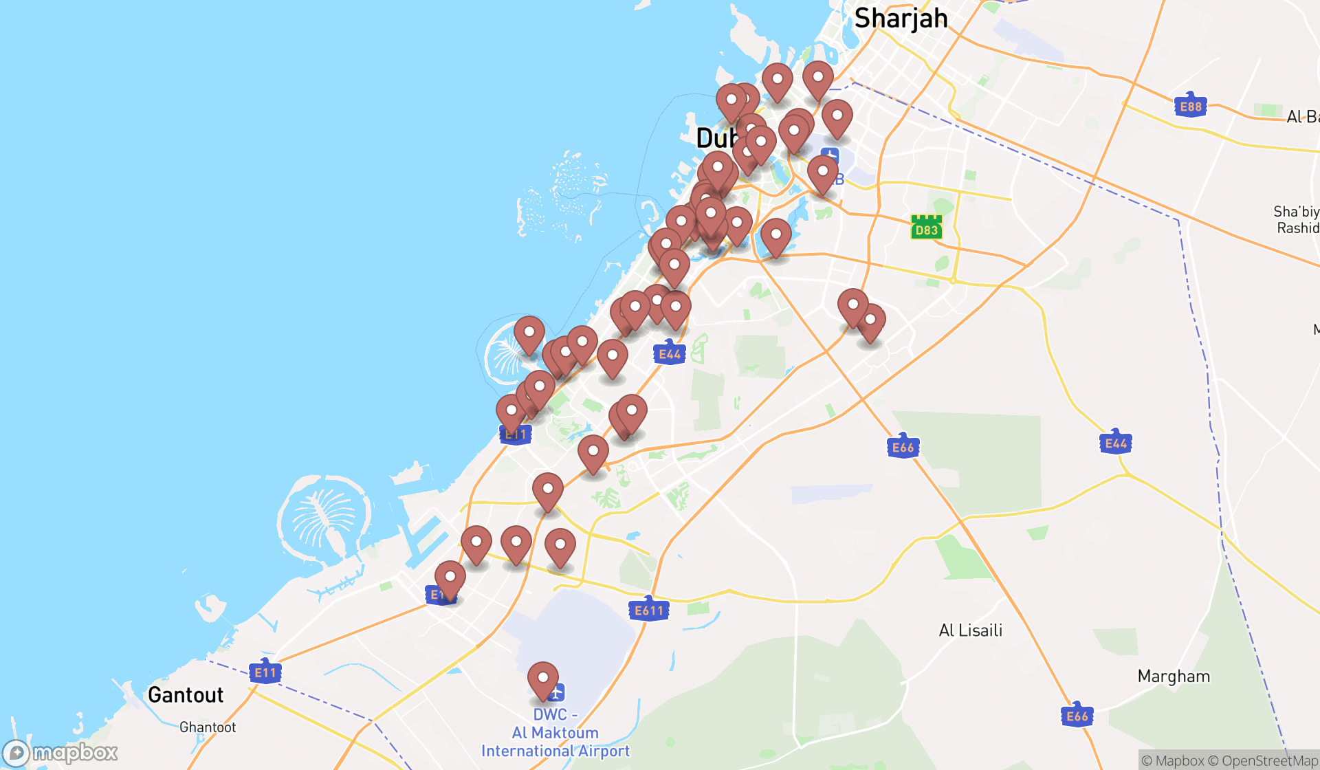 Map showing the search results in Dubai