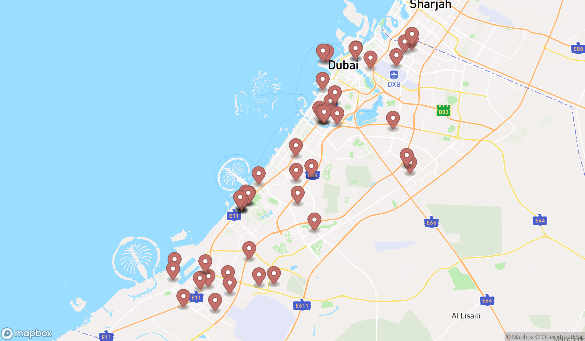 Map showing the search results in Dubai