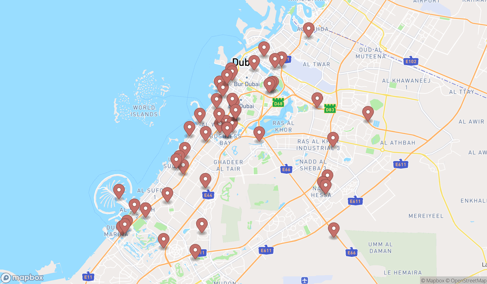 Map showing the search results in Dubai