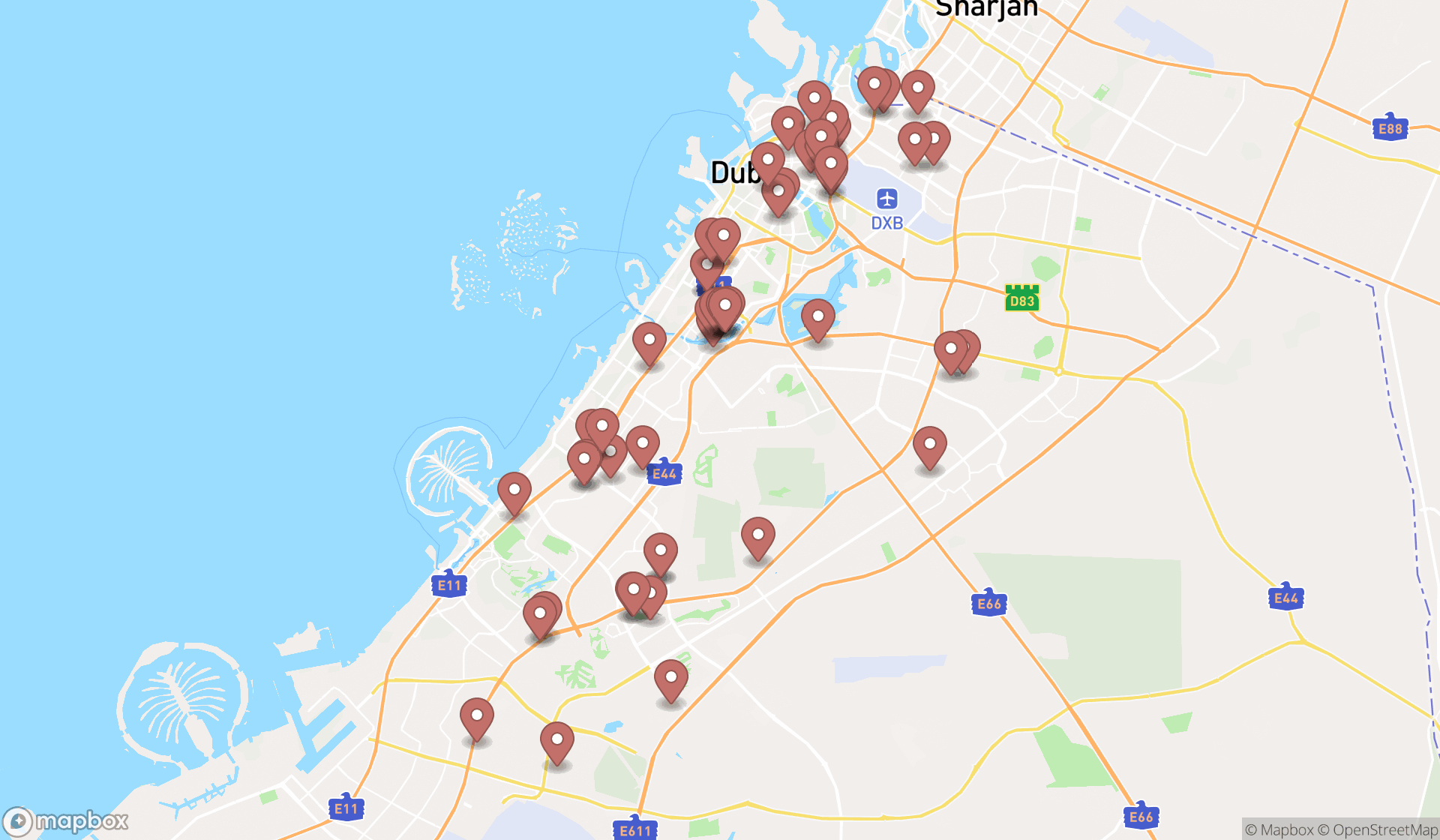 Map showing the search results in Dubai