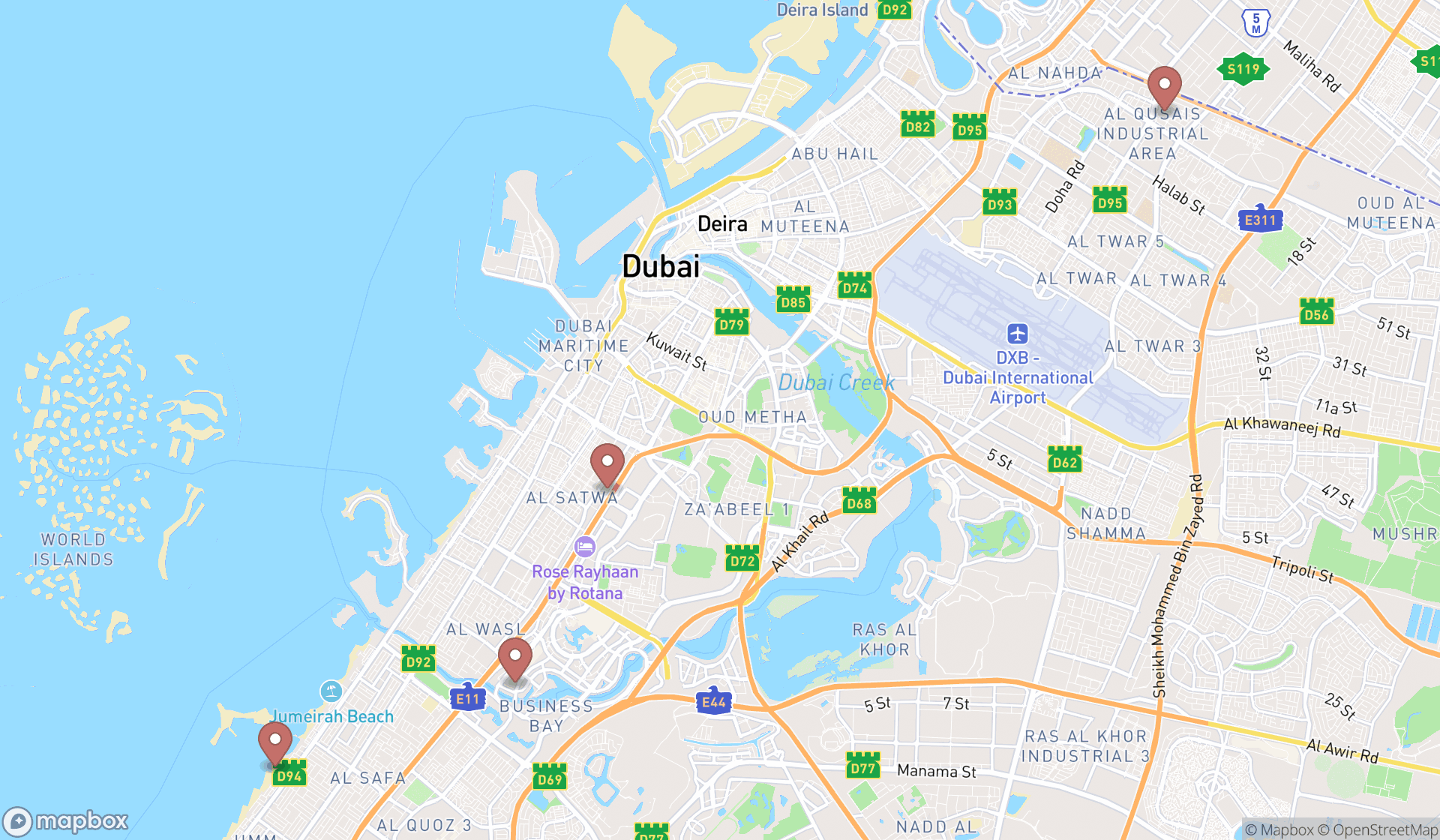 Map showing the search results in Dubai