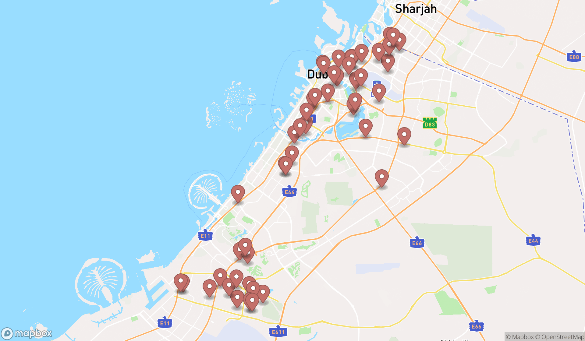 Map showing the search results in Dubai